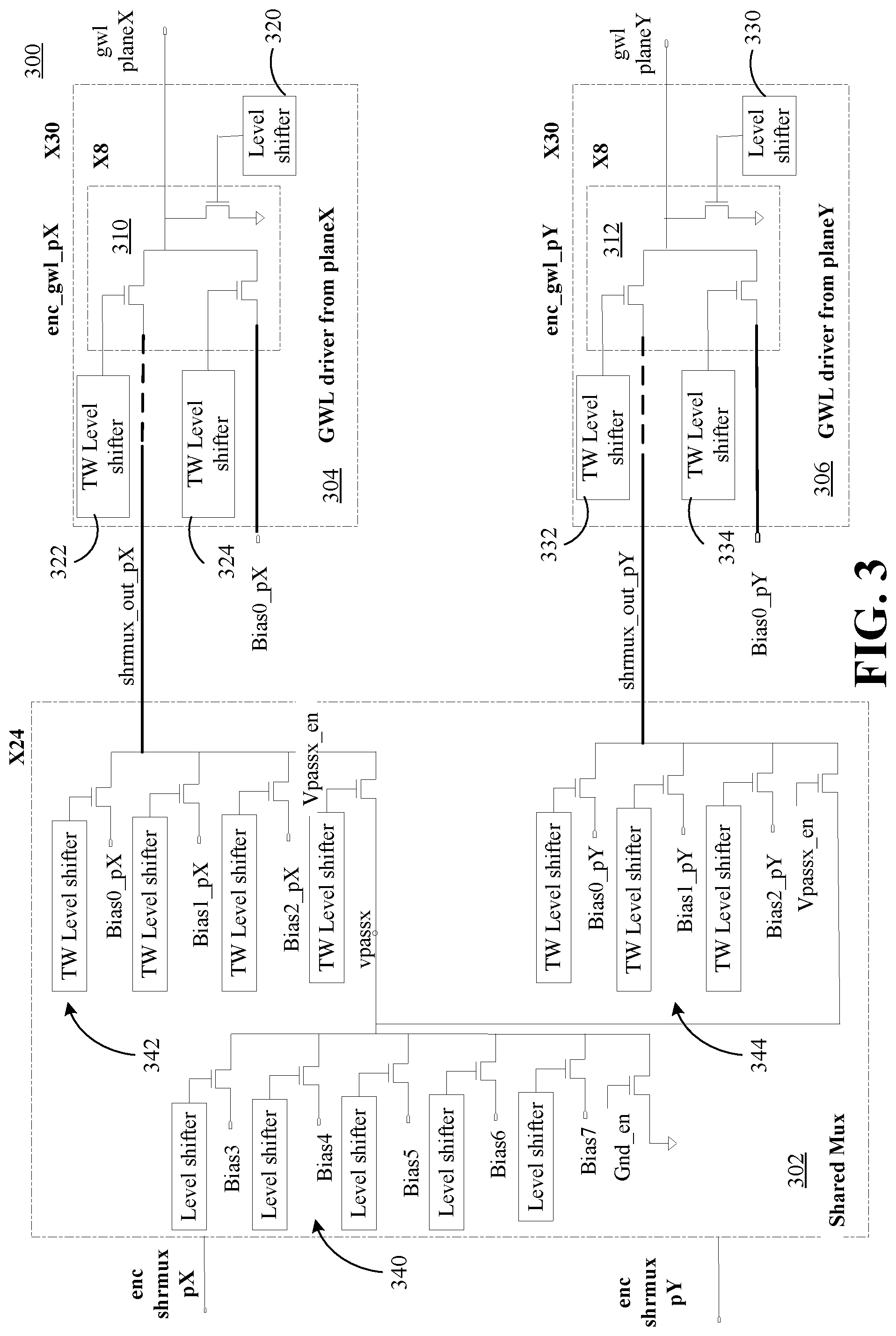 Patent US12315567 Figure 3 – Grouped global wordline driver with shared bias scheme
