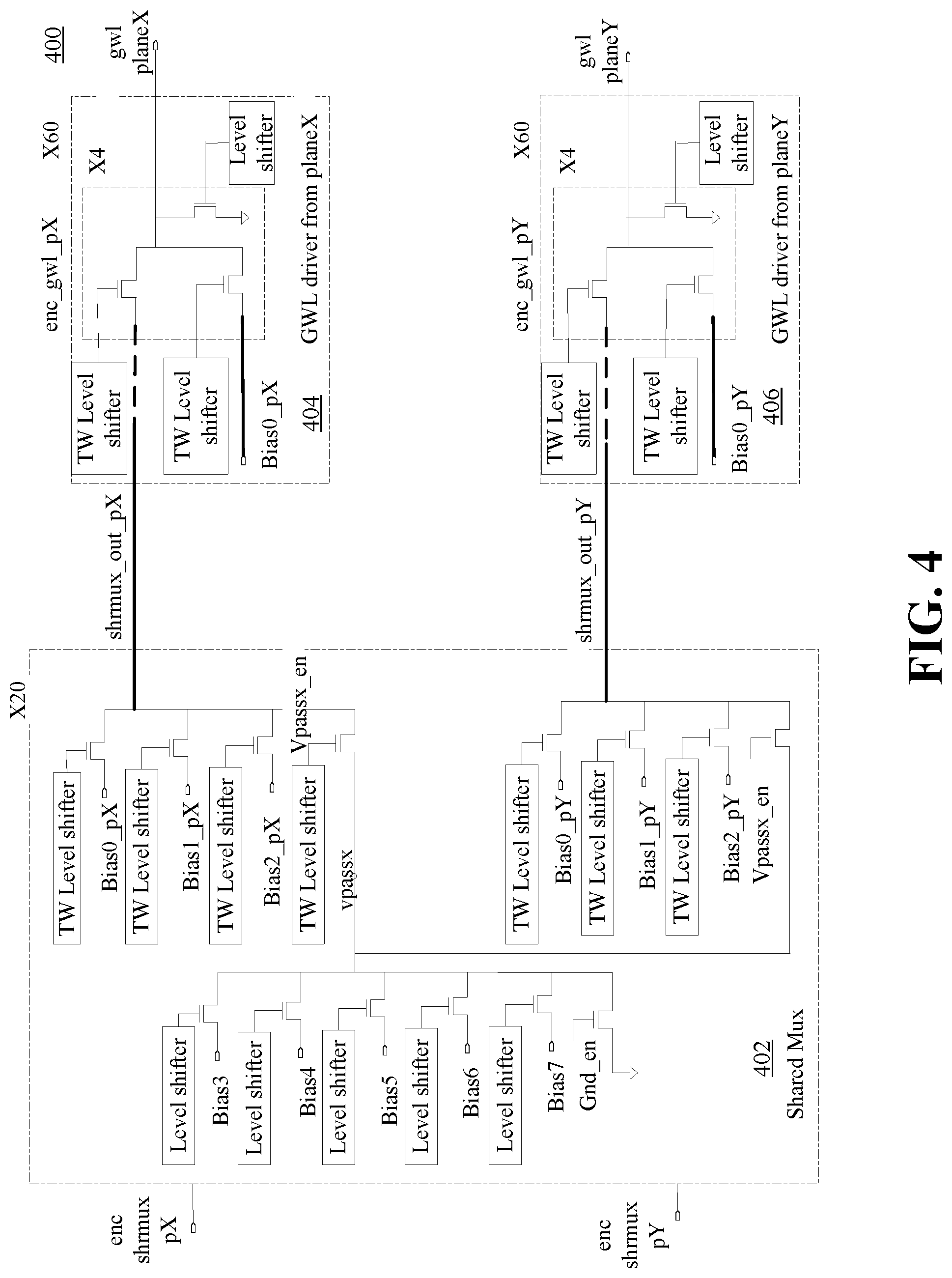 Patent US12315567 Figure 4 – Grouped global wordline driver with shared bias scheme