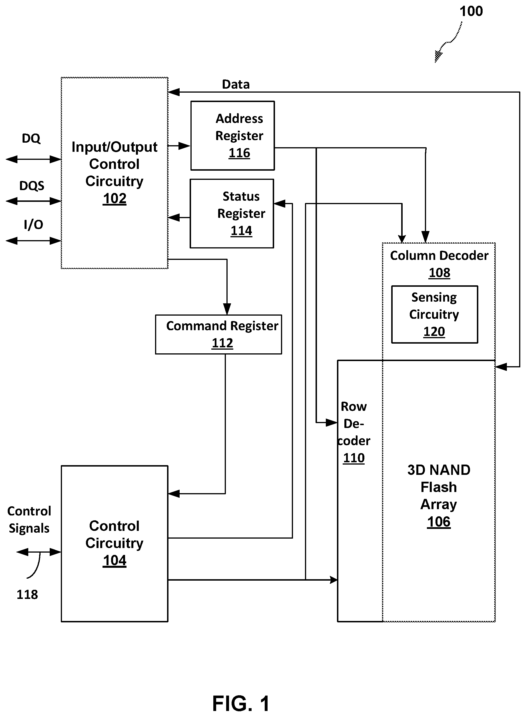 Patent US12315573 Figure 1 – Method and apparatus to reduce power consumption of page buffer circuitry in a non-volatile memory device