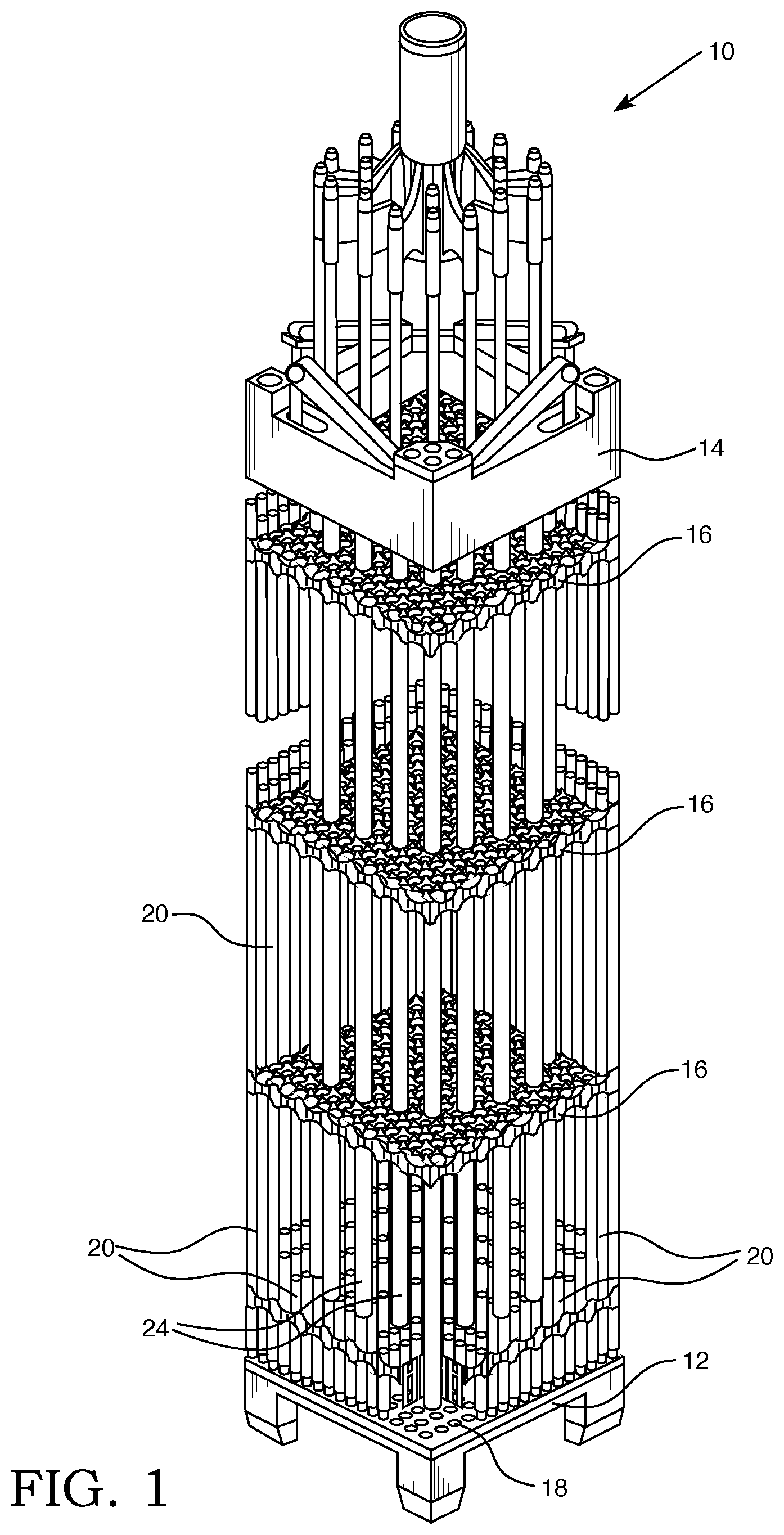 Patent US12315646 Figure 1 – Fuel assembly arrangement for retaining fuel rod end plug to bottom nozzle