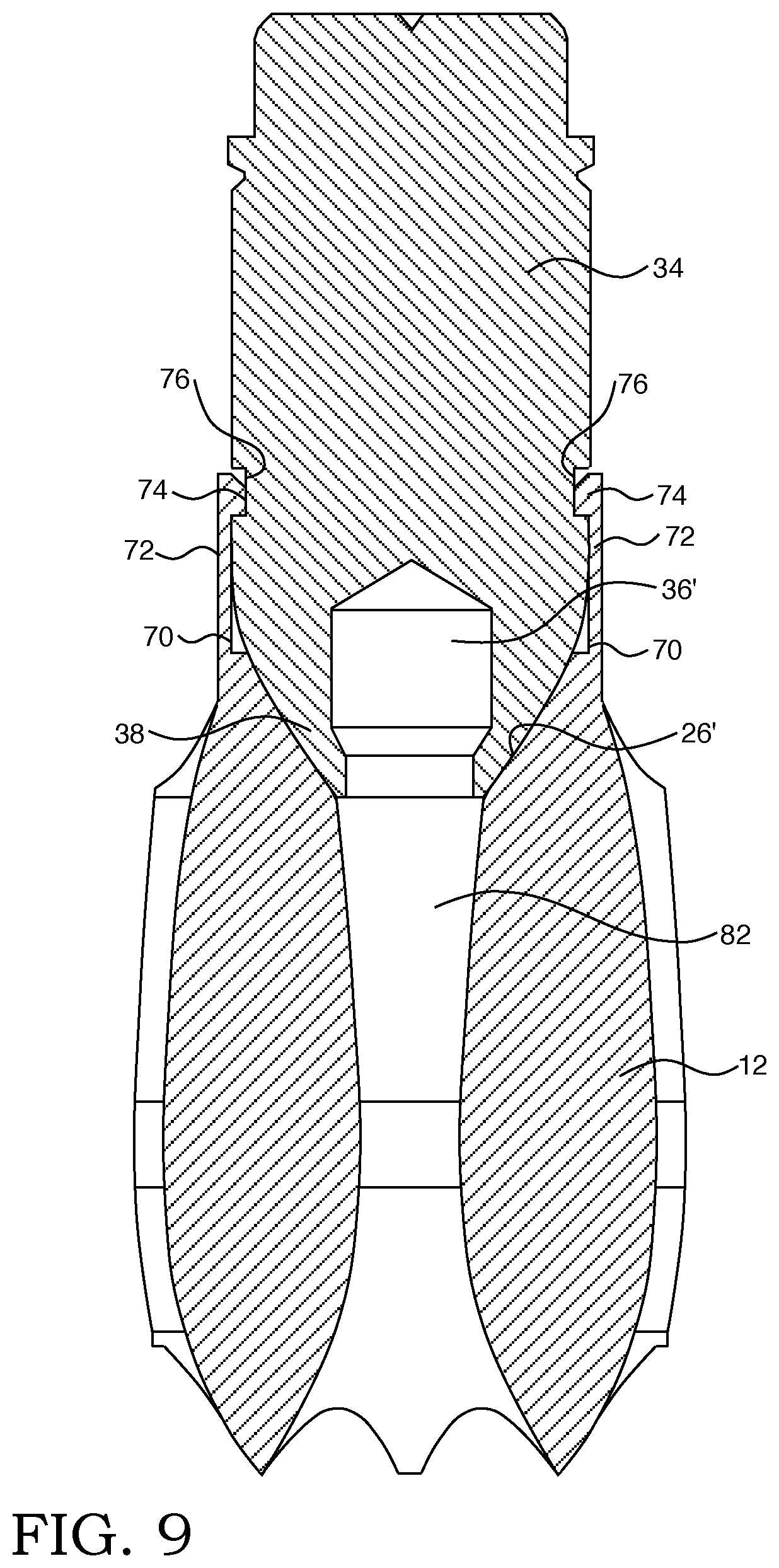 Patent US12315646 Figure 9 – Fuel assembly arrangement for retaining fuel rod end plug to bottom nozzle