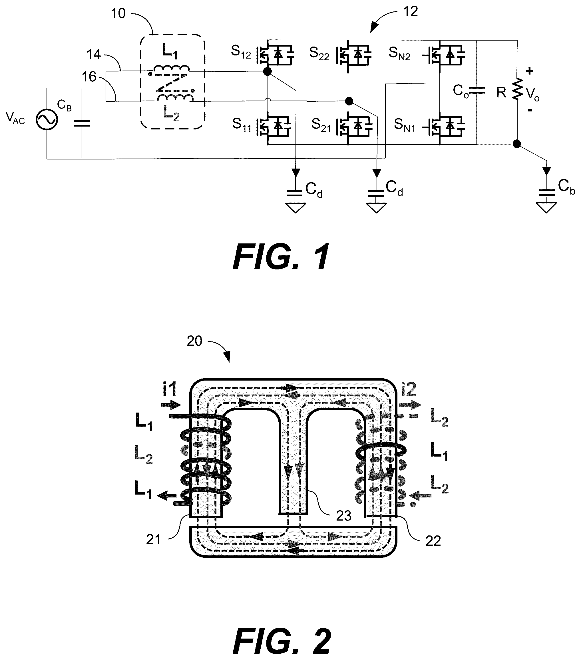 Patent US12315665 Figure 1 – Coupled inductor winding structure for common-mode noise reduction