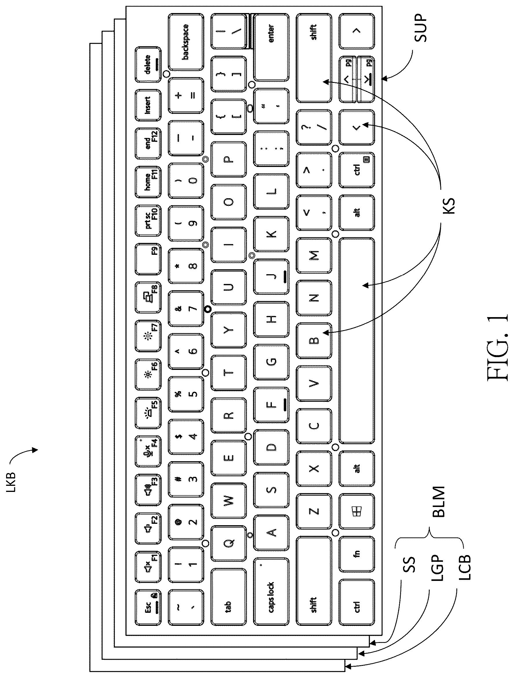 Patent US12315686 Figure 1 – Lighting keyboard, backlight module and lighting board