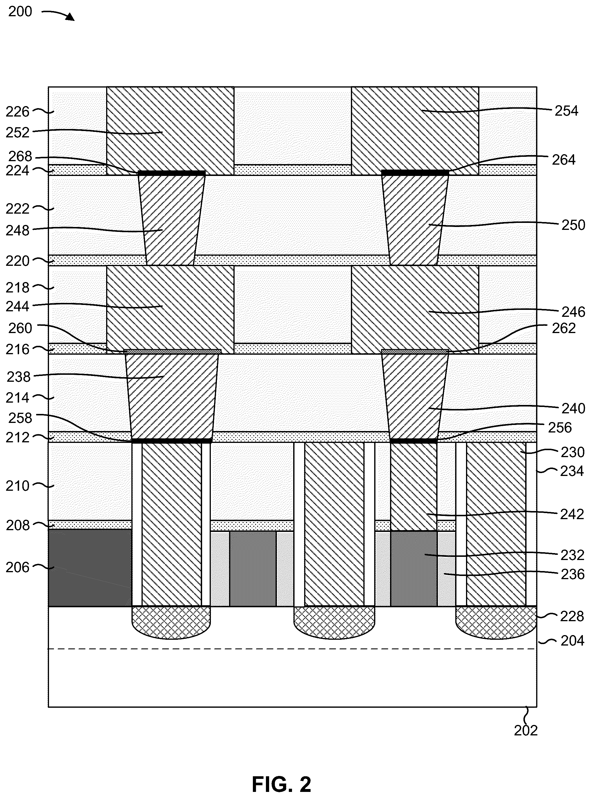 Patent US12315764 Figure 2 – Conductive structures with barriers and liners of varying thicknesses