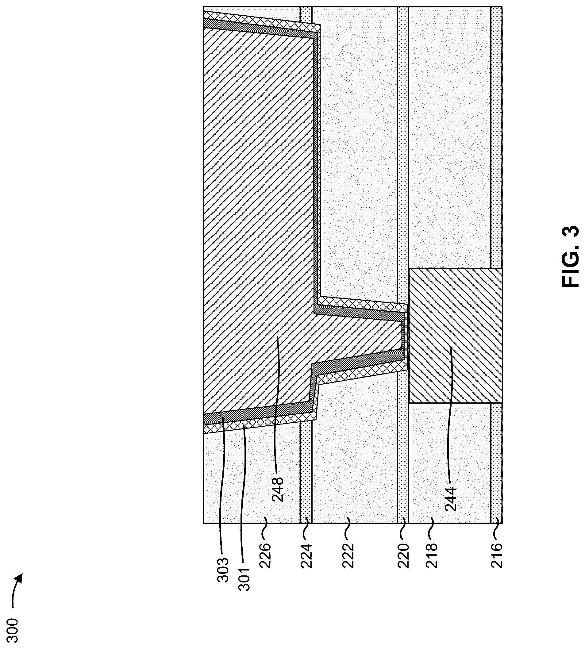 Patent US12315764 Figure 3 – Conductive structures with barriers and liners of varying thicknesses