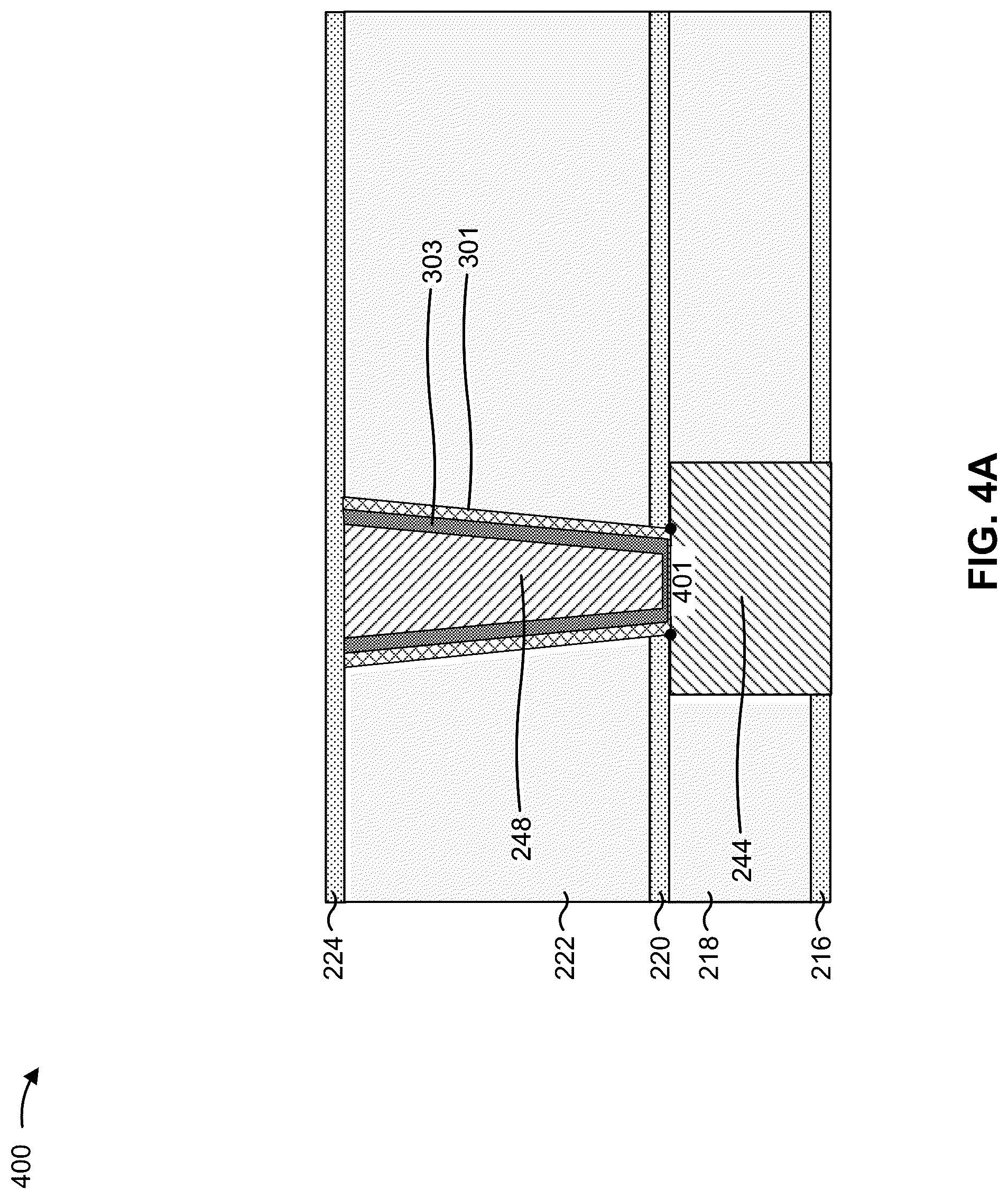 Patent US12315764 Figure 4 – Conductive structures with barriers and liners of varying thicknesses