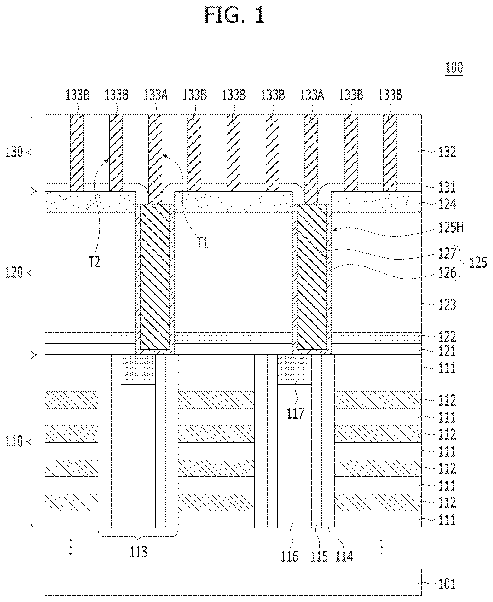 Patent US12315766 — Semiconductor device including spacer layer contacting bit line bottom sidewalls — Figure 1