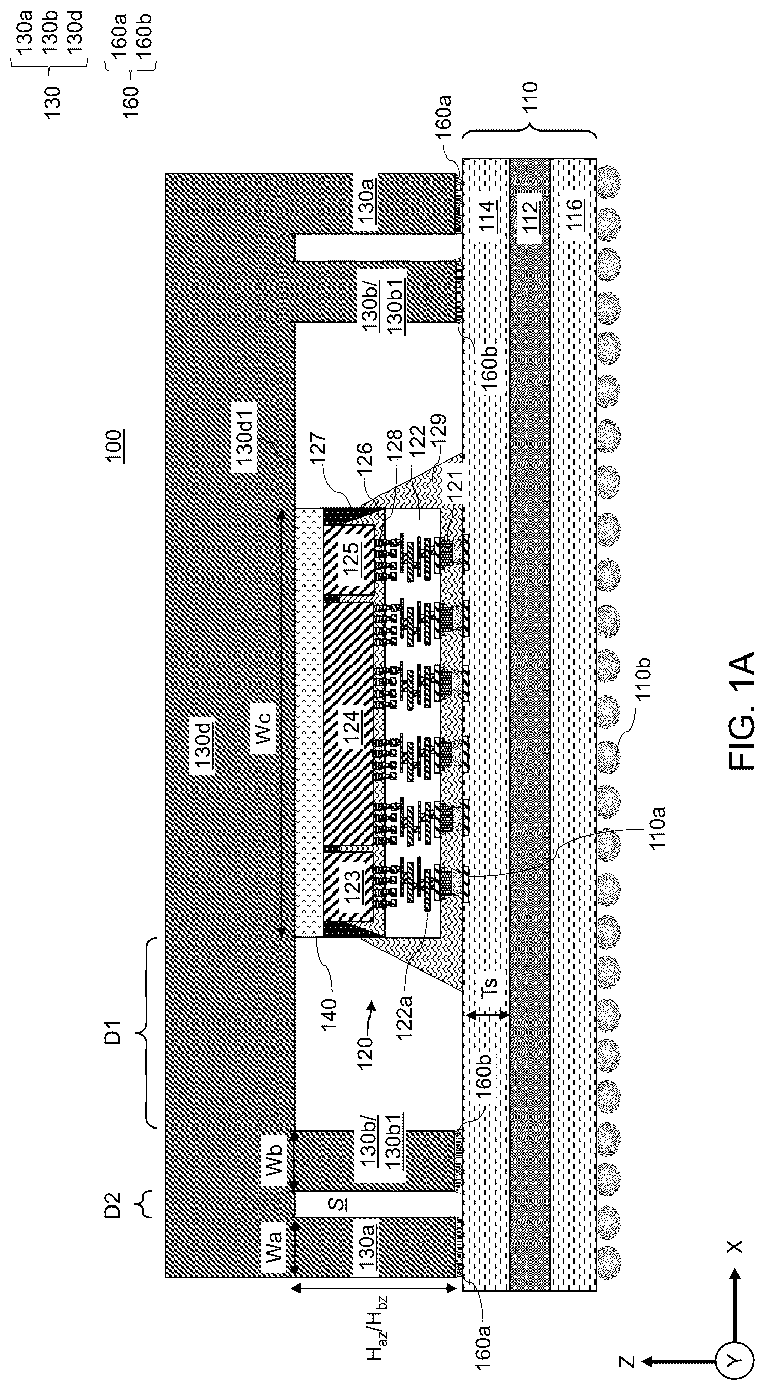 Patent US12315768 Figure 1 – Package assembly including lid with additional stress mitigating feet and methods of making the same