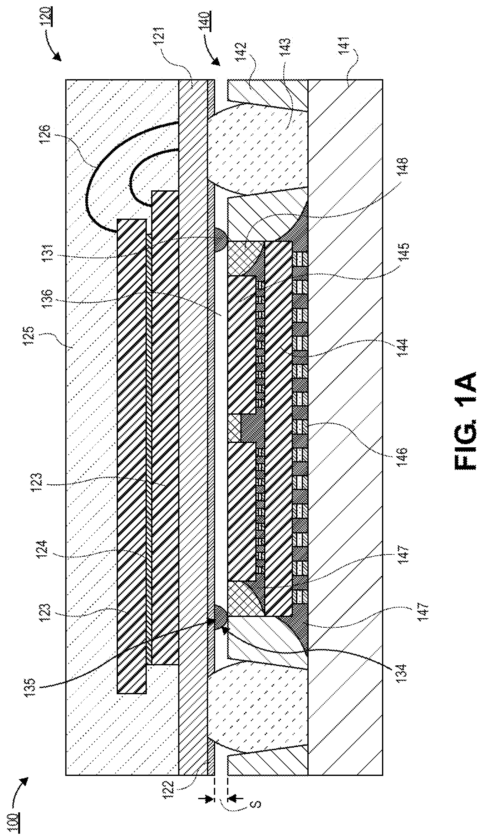 Patent US12315777 Figure 1 – Microelectronics package comprising a package-on-package (POP) architecture with inkjet barrier material for controlling bondline thickness and POP adhesive keep out zone