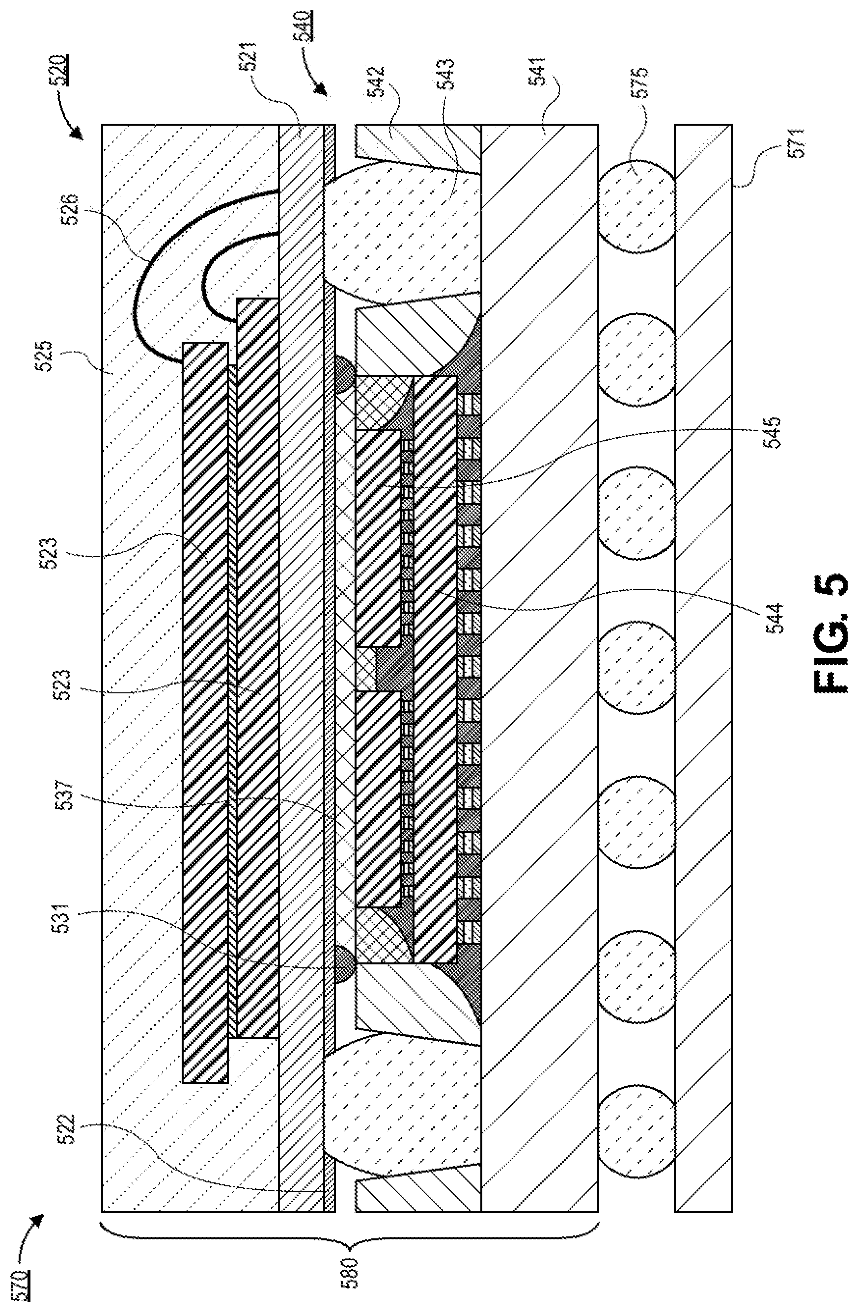 Patent US12315777 Figure 8 – Microelectronics package comprising a package-on-package (POP) architecture with inkjet barrier material for controlling bondline thickness and POP adhesive keep out zone
