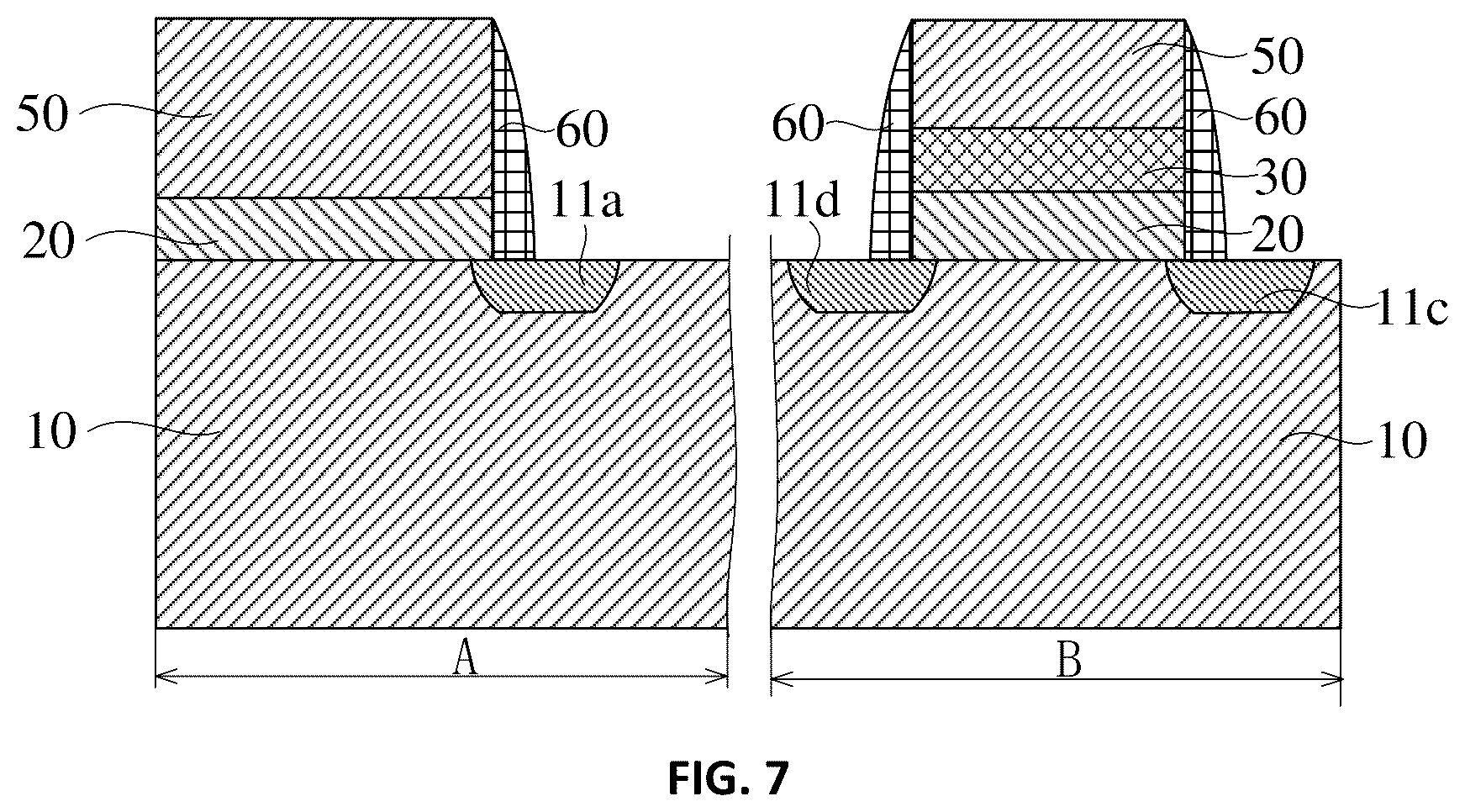 Patent US12315799 Figure 7 – Semiconductor structures of anti-fuse devices and core devices with different dielectric layers