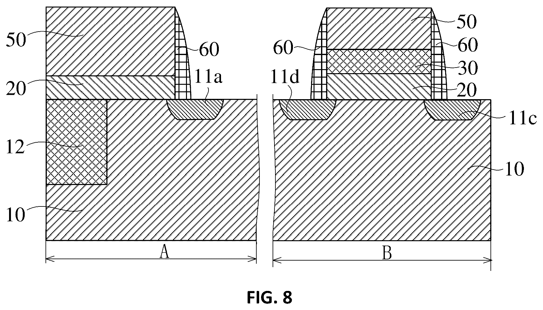 Patent US12315799 Figure 8 – Semiconductor structures of anti-fuse devices and core devices with different dielectric layers