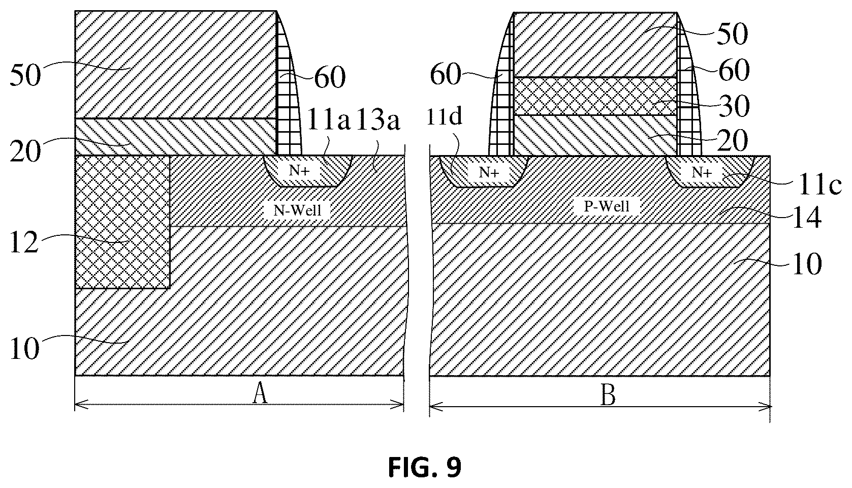Patent US12315799 Figure 9 – Semiconductor structures of anti-fuse devices and core devices with different dielectric layers