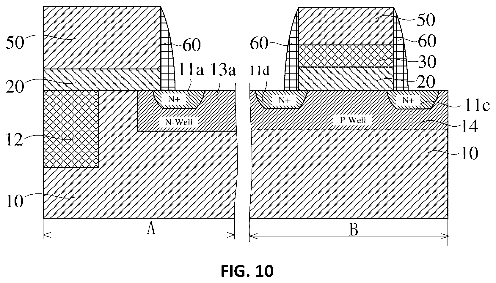 Patent US12315799 Figure 10 – Semiconductor structures of anti-fuse devices and core devices with different dielectric layers