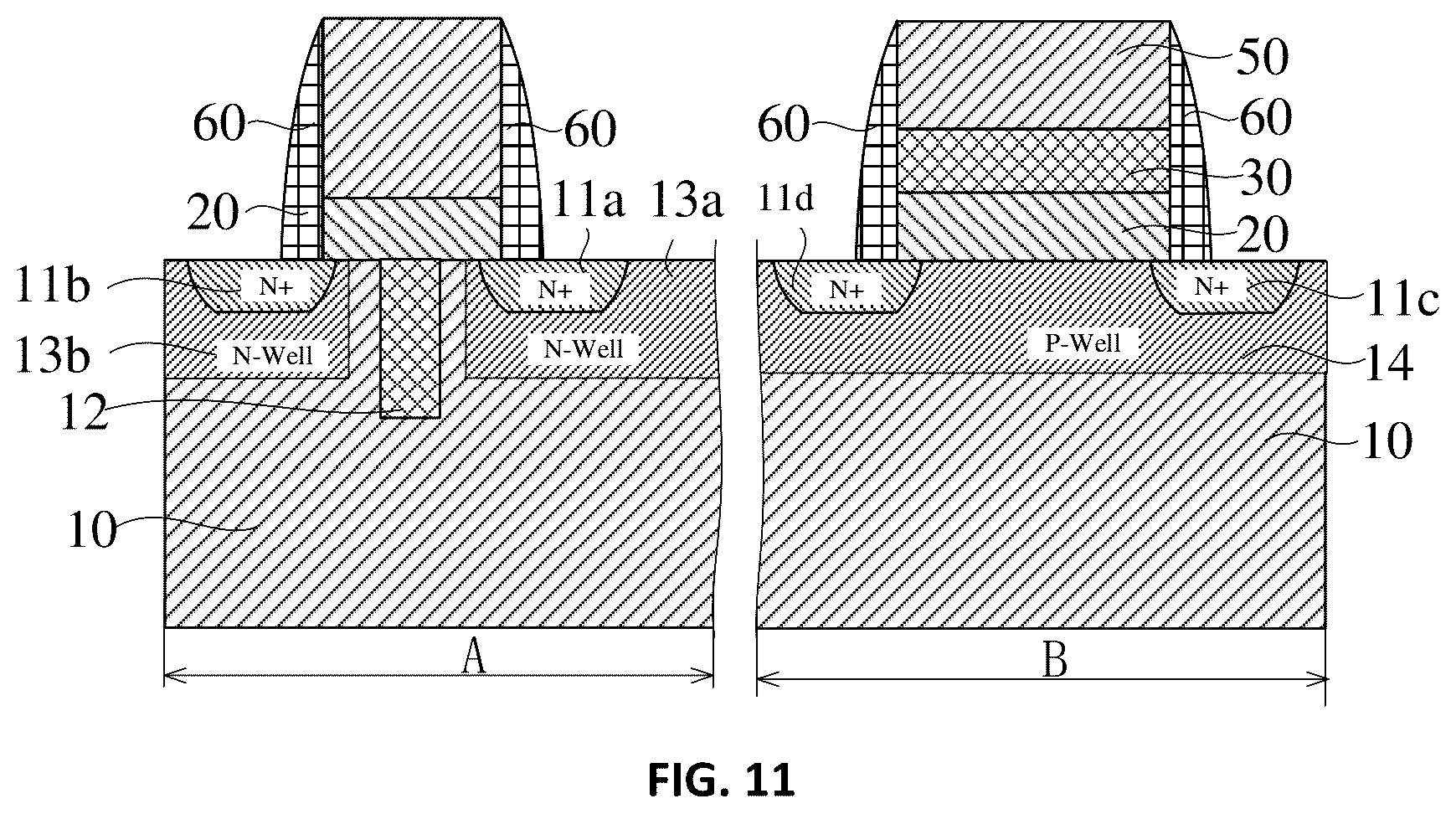 Patent US12315799 Figure 11 – Semiconductor structures of anti-fuse devices and core devices with different dielectric layers