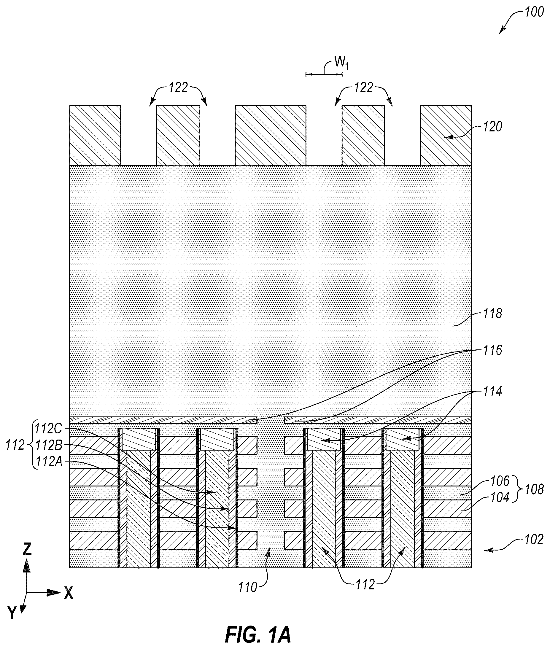Patent US12315803 Figure 1 – Microelectronic devices, memory devices, and electronic systems