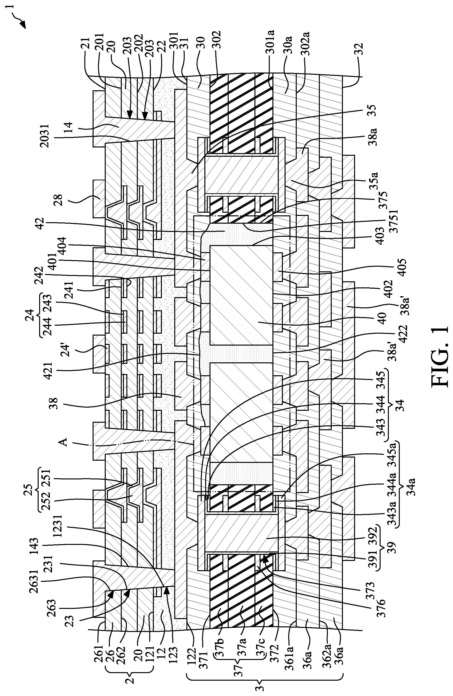 Patent US12315820 Figure 1 – Wiring structure including low- and high-density conductive structures