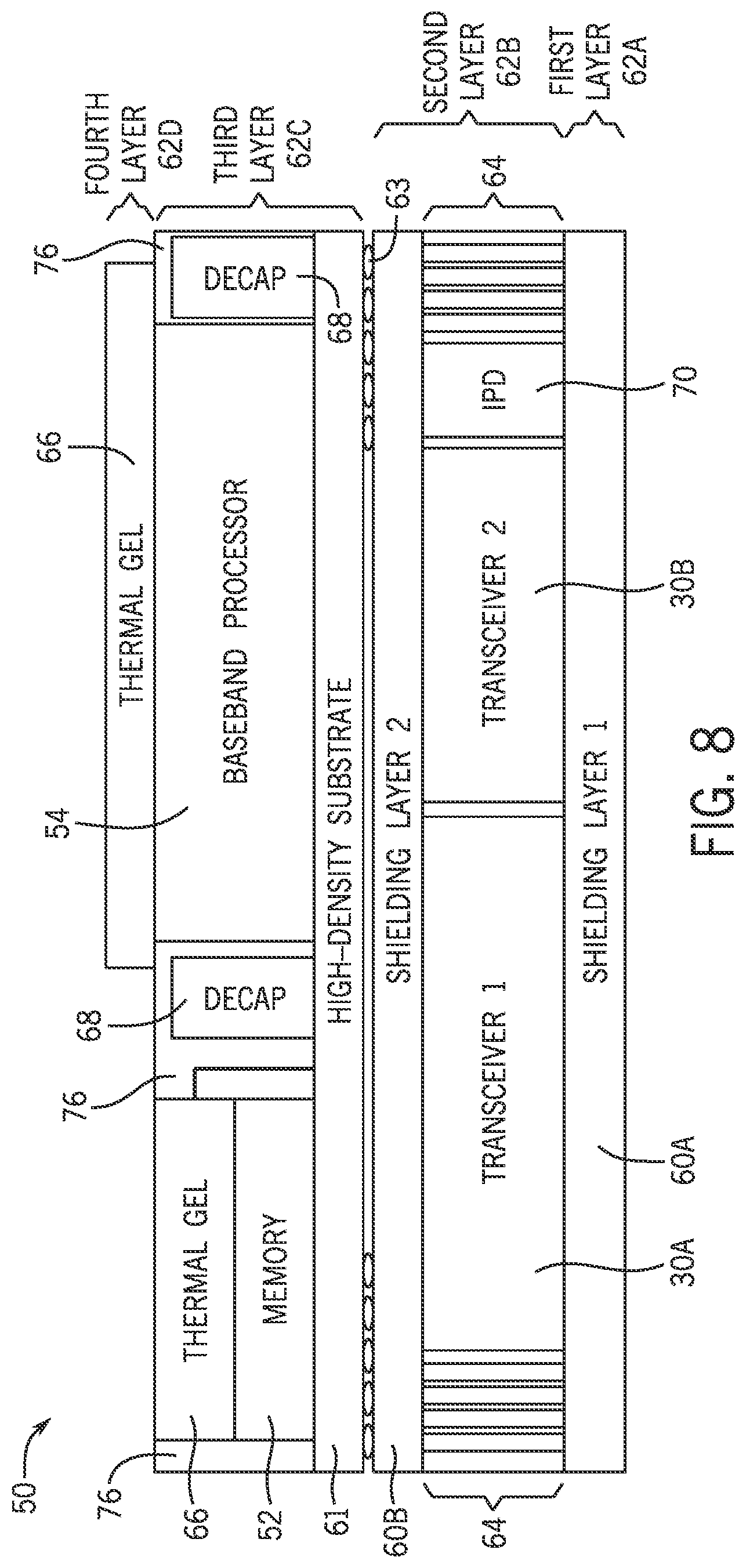 Patent US12315853 Figure 5 – System packaging for cellular modem and transceiver system of heterogeneous stacking