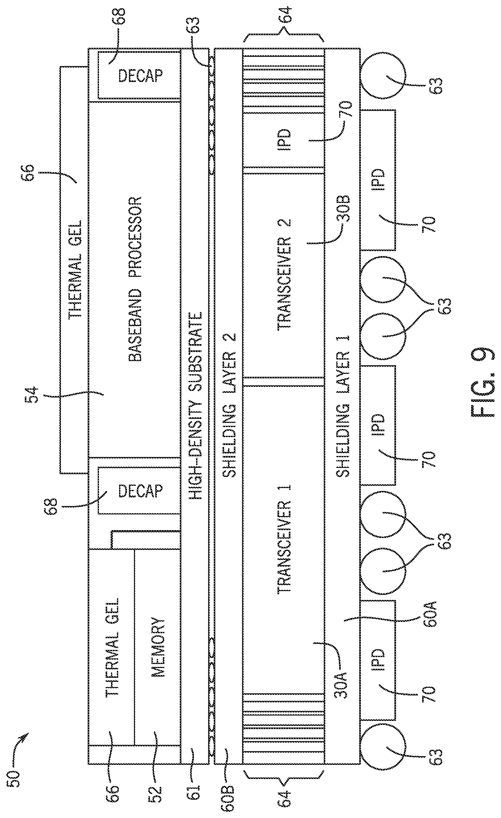 Patent US12315853 Figure 6 – System packaging for cellular modem and transceiver system of heterogeneous stacking