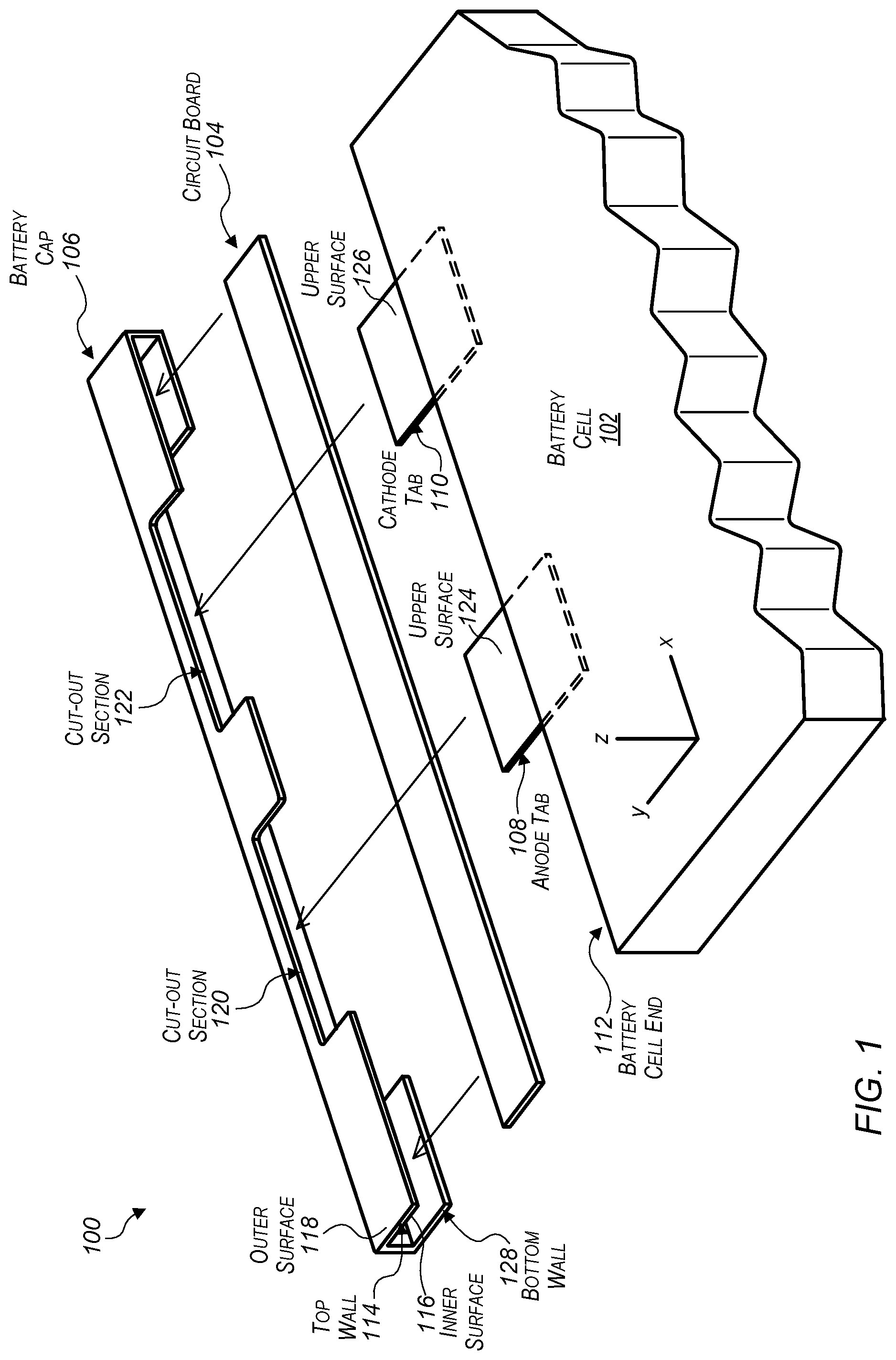 Patent US12315896 Figure 1 – Battery cap with cut-out sections