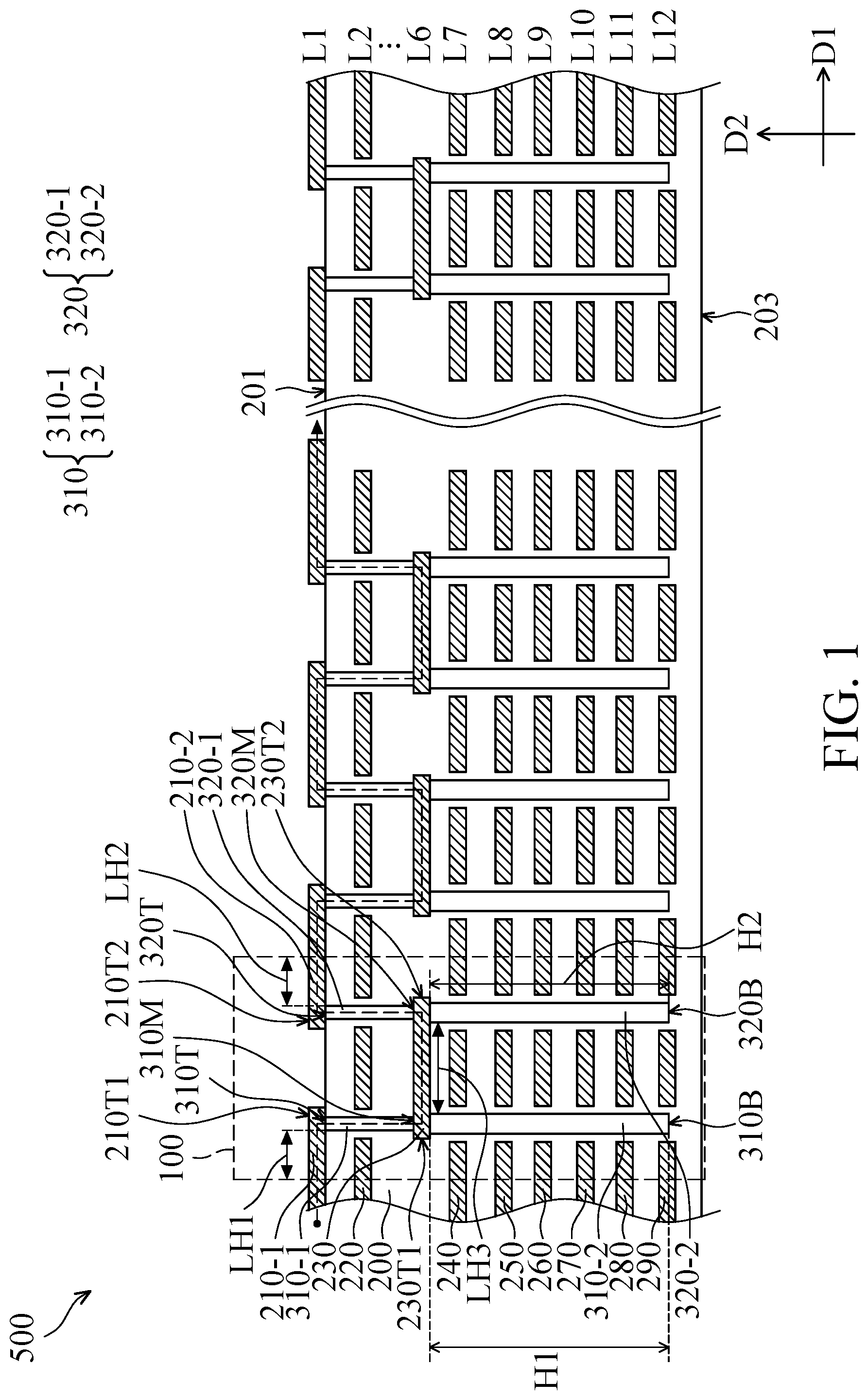 Patent US12315981 — Transmission line device compriing first and second conductive lines on one level separated from a third conductive line on another level by an intervening ground layer — Figure 1