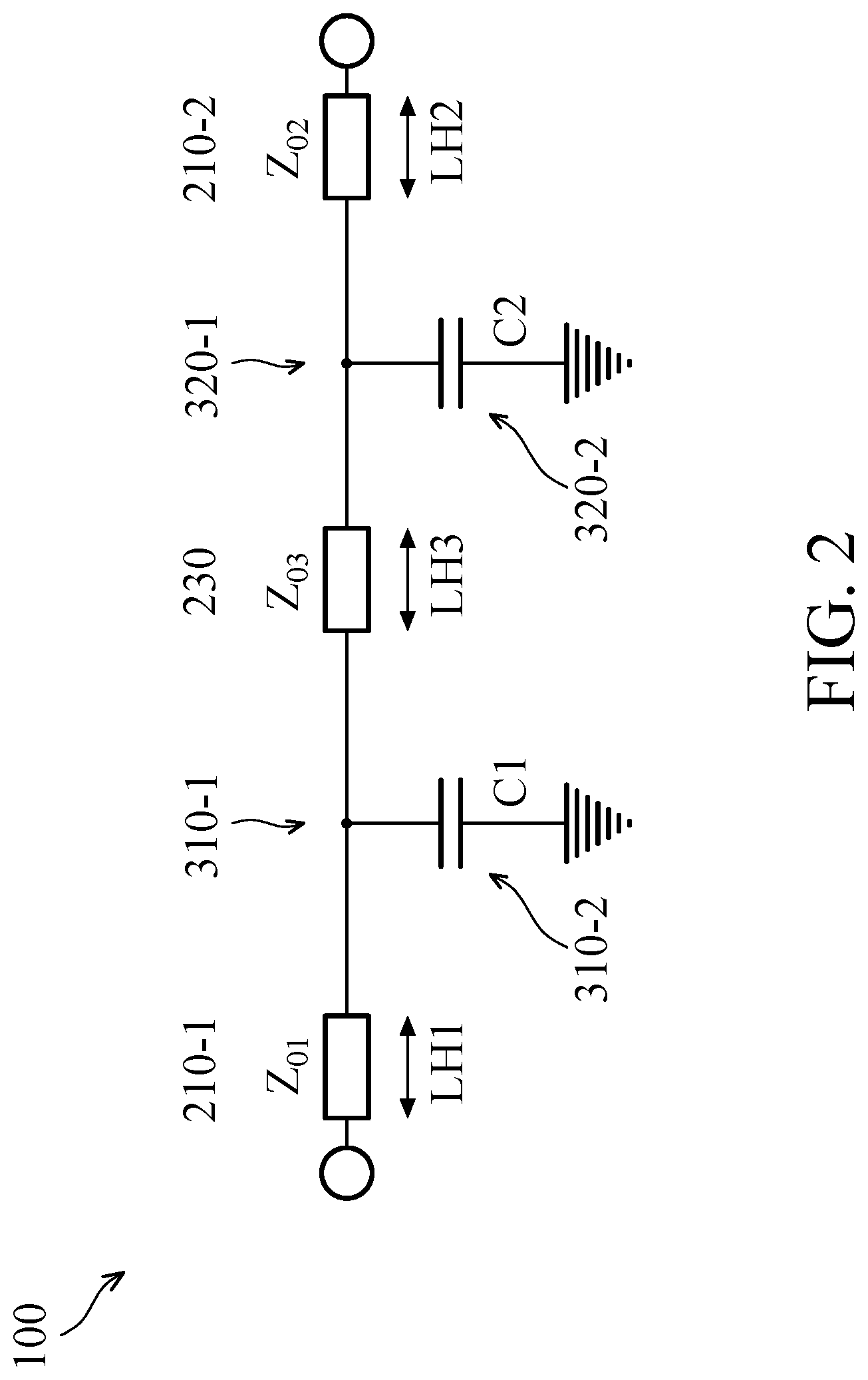 Patent US12315981 Figure 2 – Transmission line device compriing first and second conductive lines on one level separated from a third conductive line on another level by an intervening ground layer