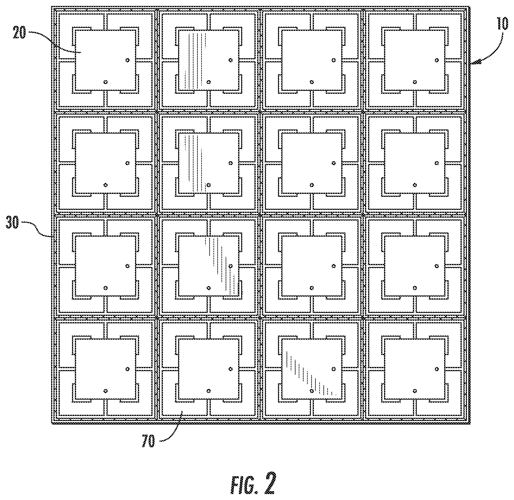 Patent US12316007 Figure 2 – Feeding circuit layout for 4 x 4 linear AoX arrays