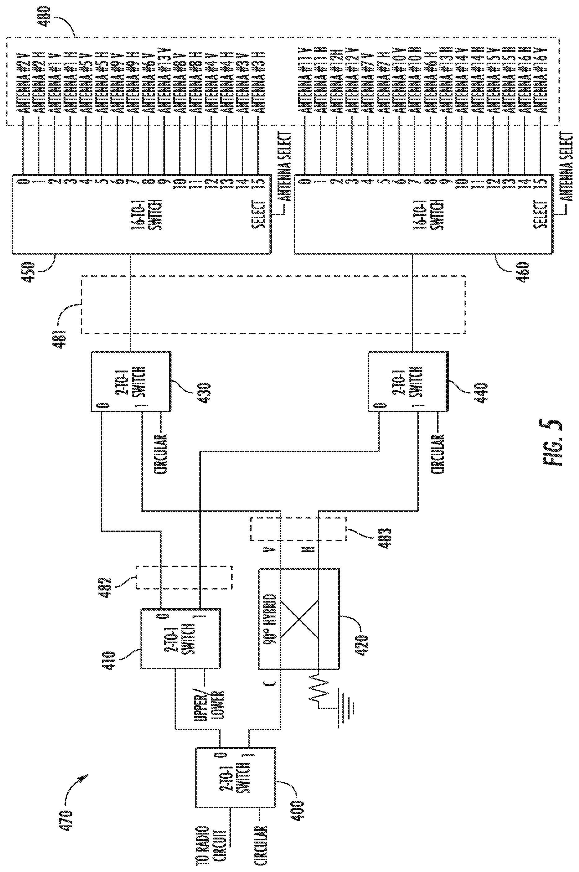 Patent US12316007 Figure 5 – Feeding circuit layout for 4 x 4 linear AoX arrays