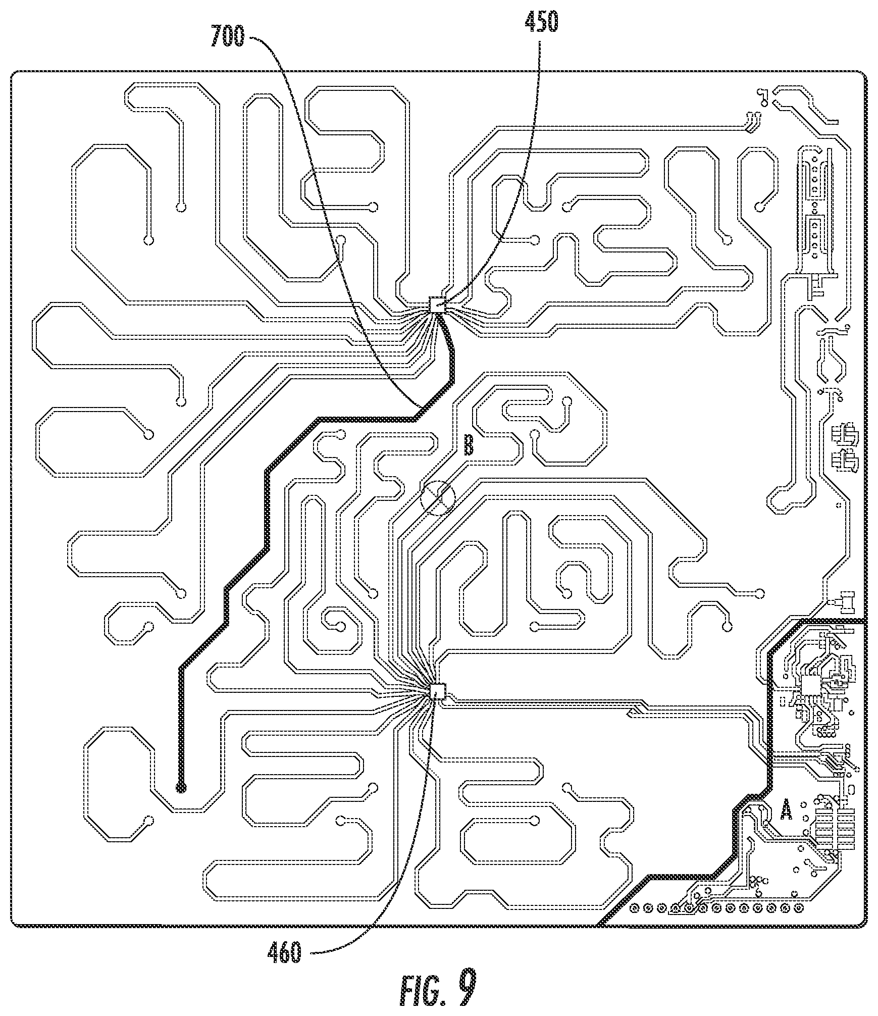Patent US12316007 Figure 9 – Feeding circuit layout for 4 x 4 linear AoX arrays