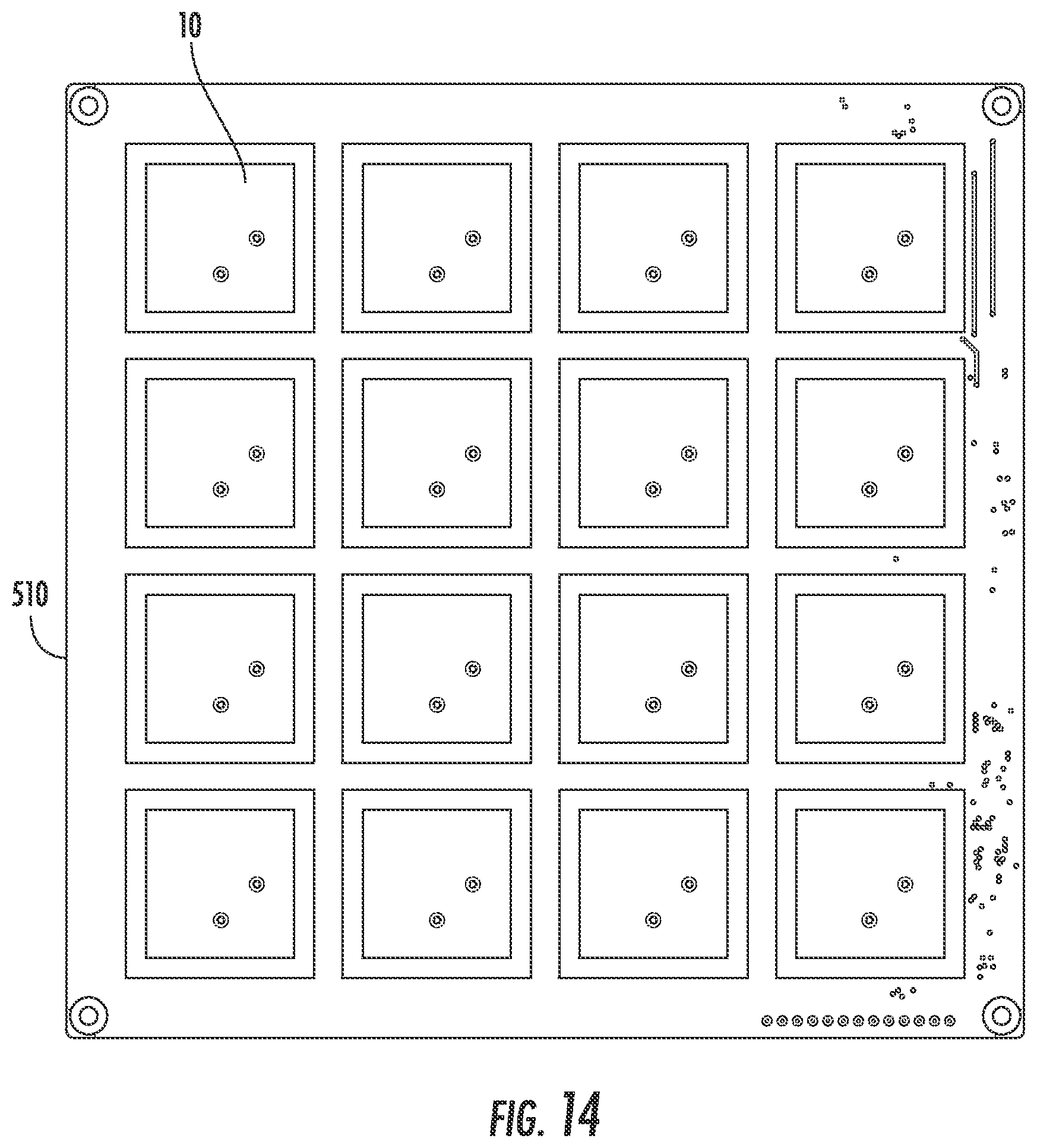 Patent US12316007 Figure 14 – Feeding circuit layout for 4 x 4 linear AoX arrays