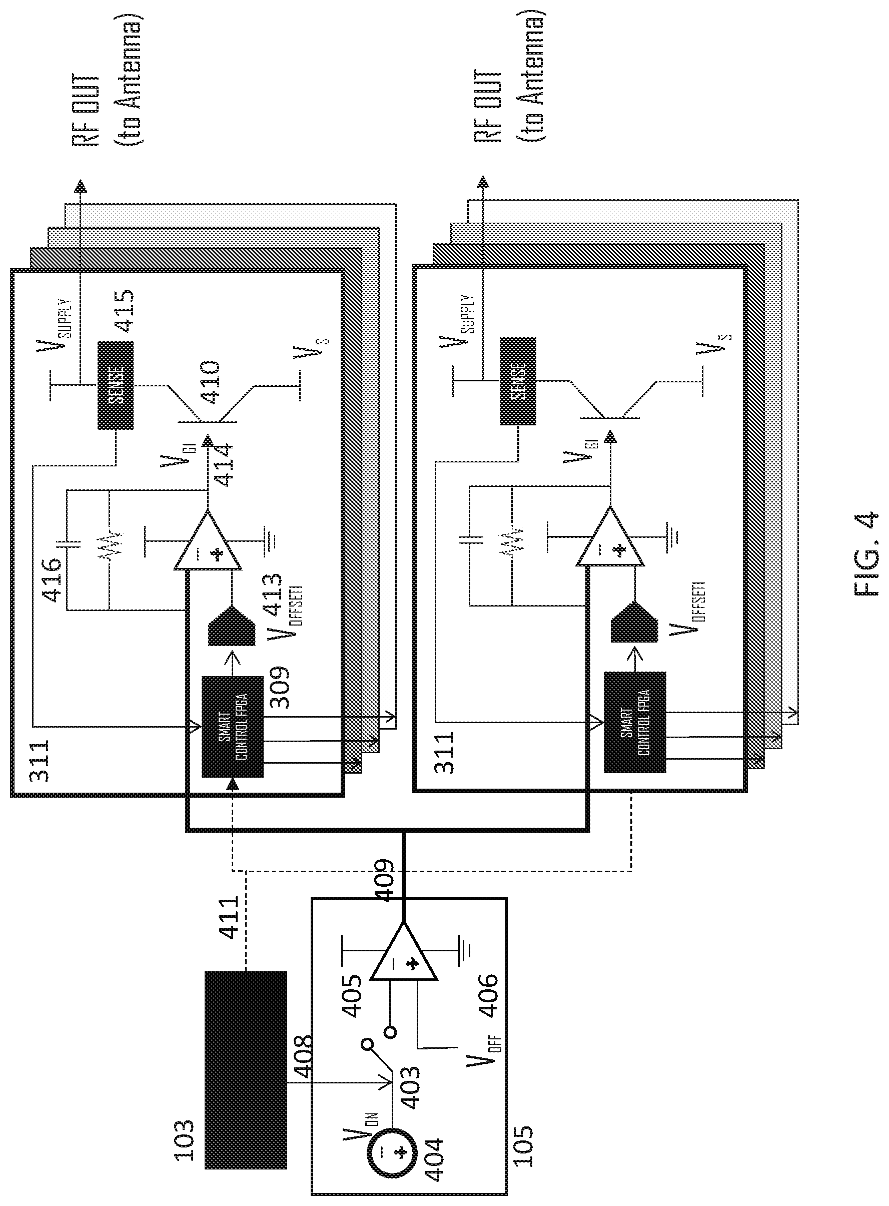 Patent US12316017 Figure 4 – Apparatus and method for synchronizing power circuits with coherent RF signals to form a steered composite RF signal