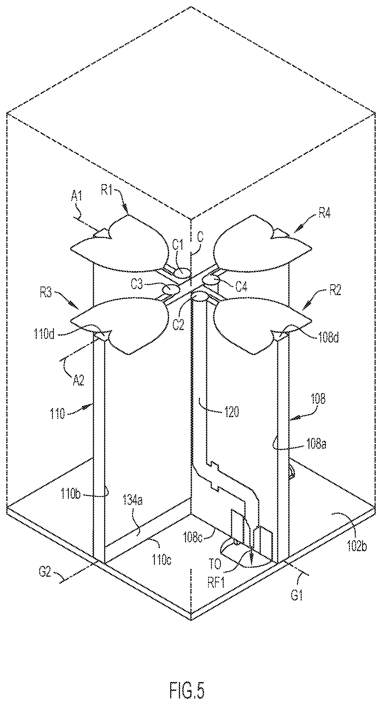 Patent US12316035 Figure 5 – Coincident phase center, microstrip fed, planar ultrawideband modular antenna