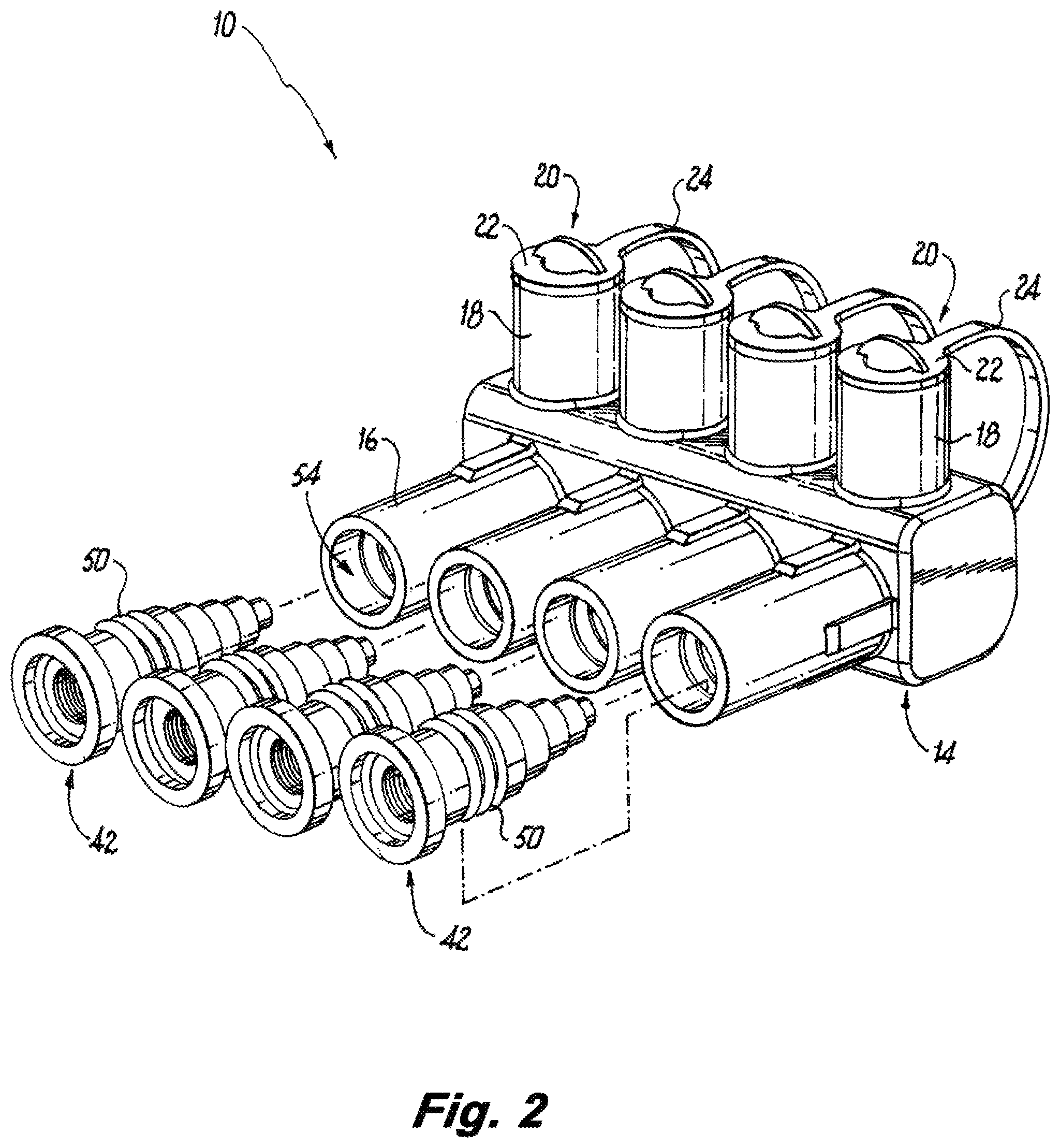 Patent US12316046 Figure 2 – Electrical connector with tethered sealing caps