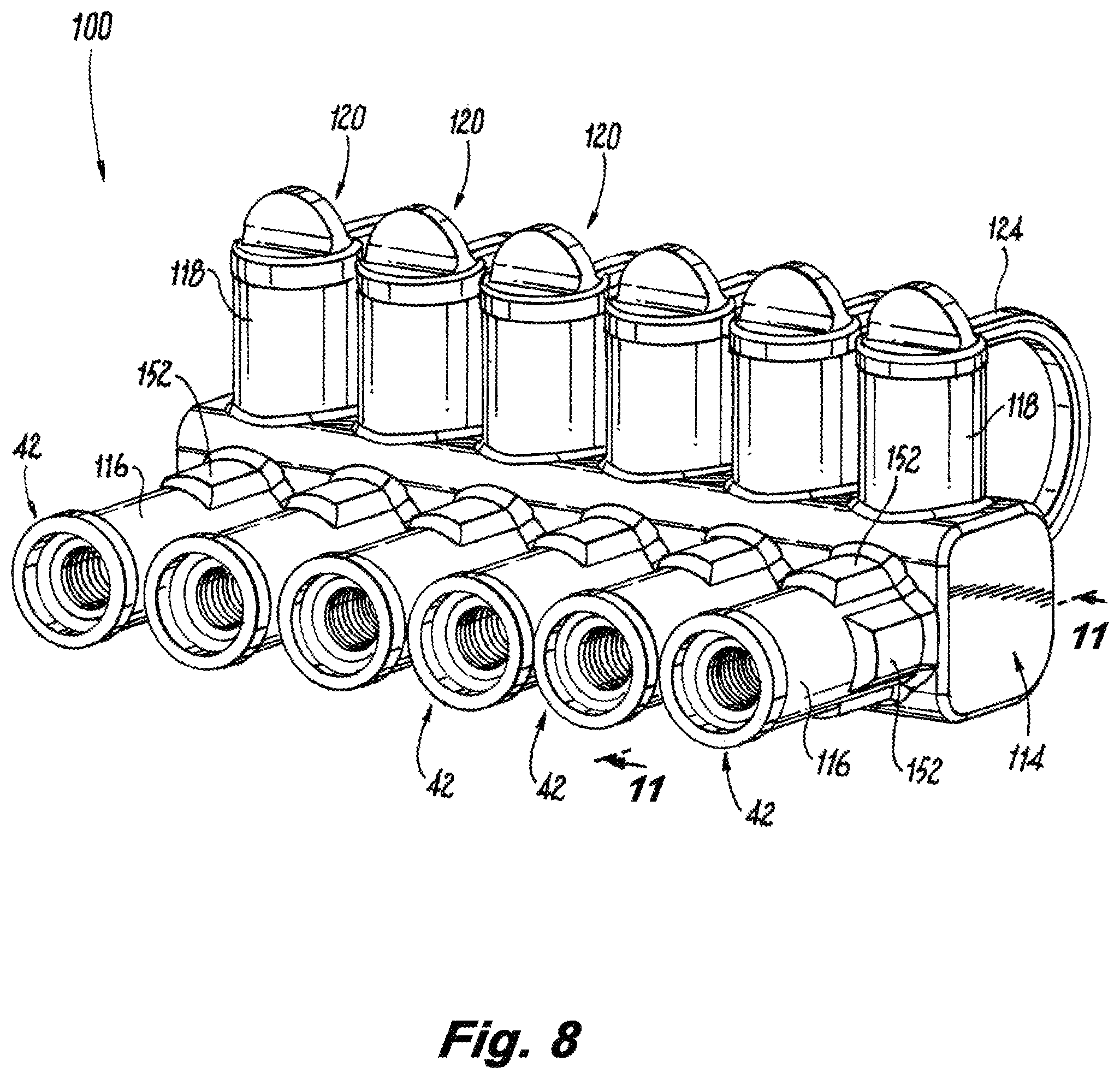 Patent US12316046 Figure 8 – Electrical connector with tethered sealing caps