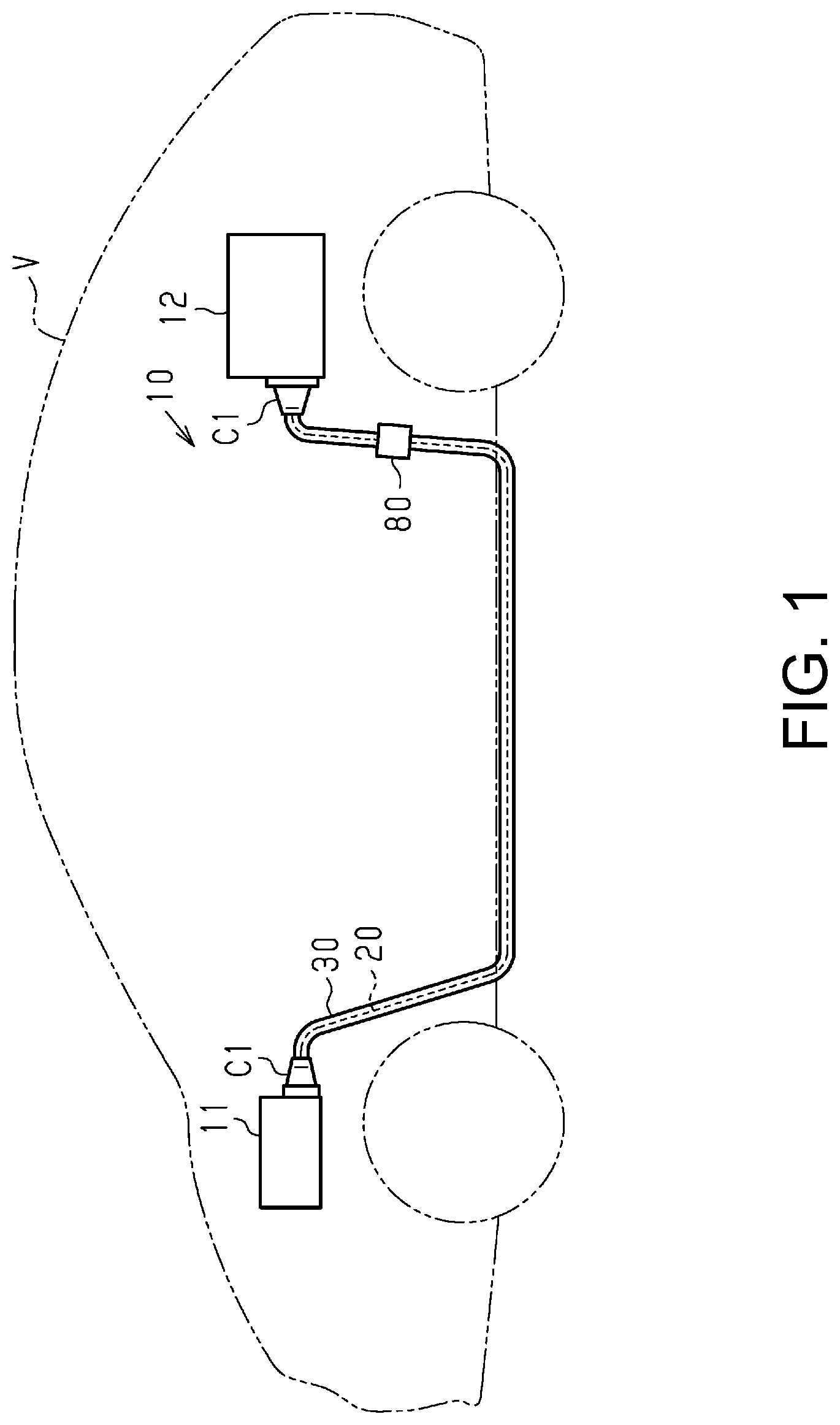Patent US12316085 Figure 1 – Wire harness with fixing mechanism for electromagnetic wave absorbing member