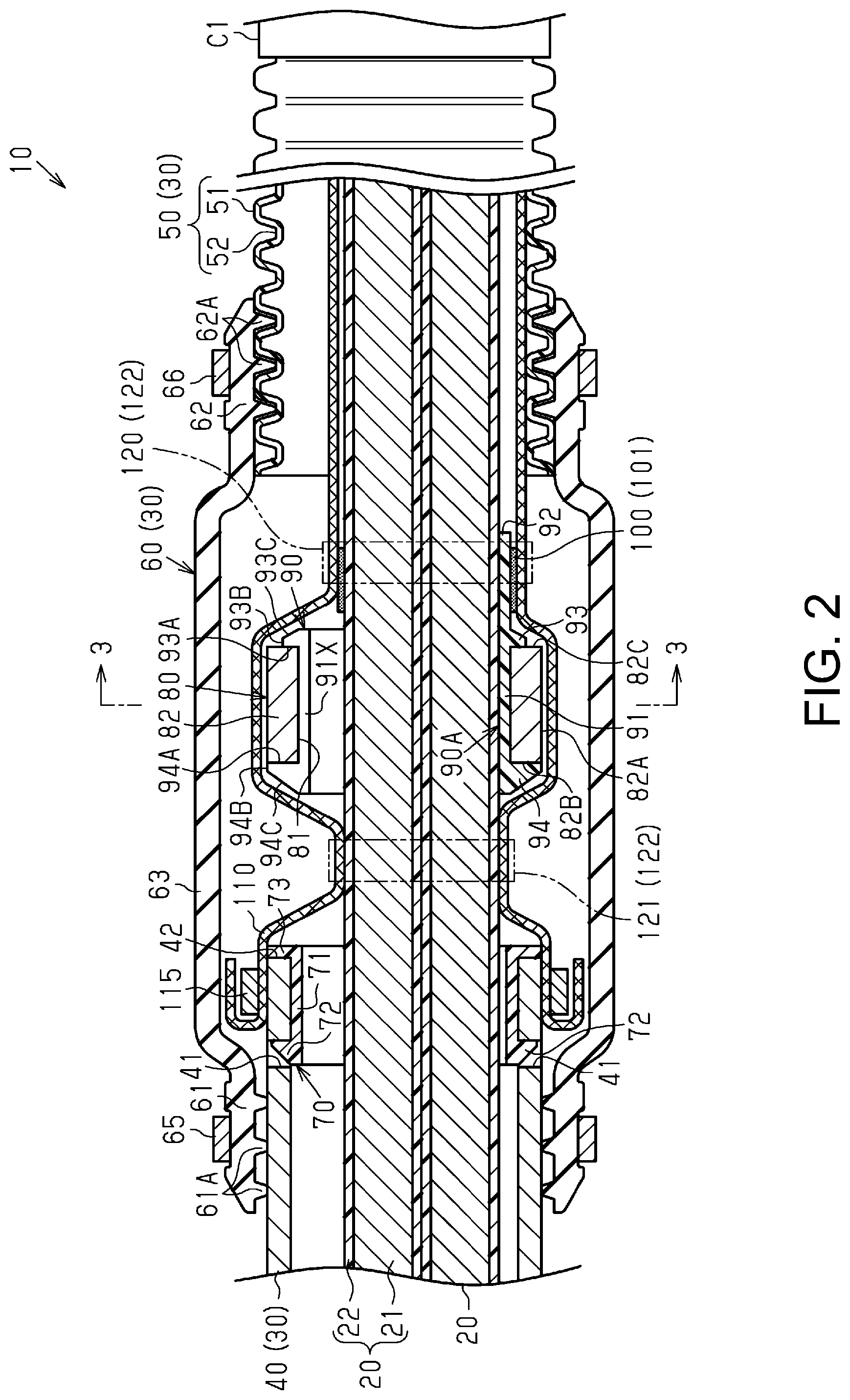 Patent US12316085 Figure 2 – Wire harness with fixing mechanism for electromagnetic wave absorbing member
