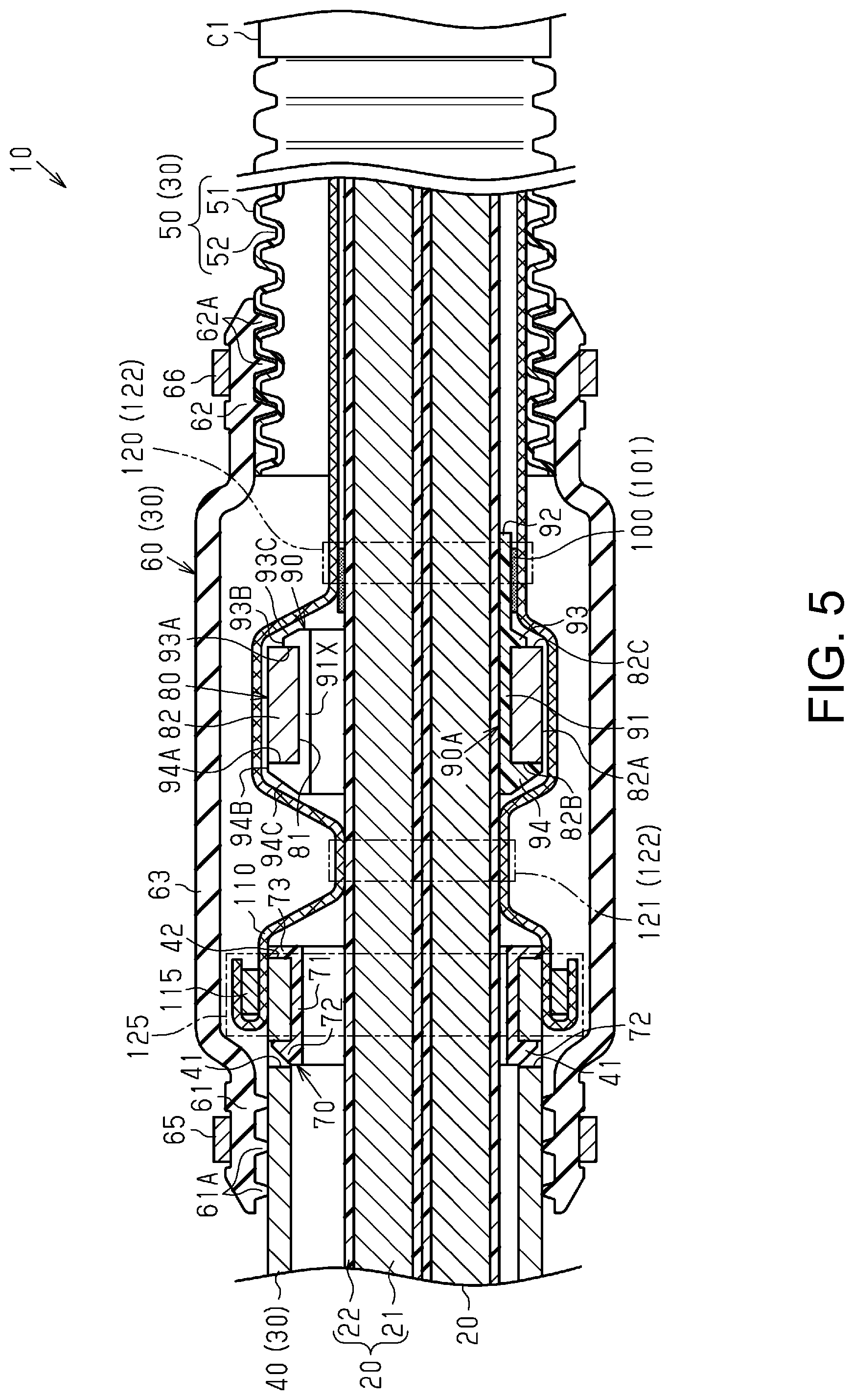 Patent US12316085 Figure 4 – Wire harness with fixing mechanism for electromagnetic wave absorbing member