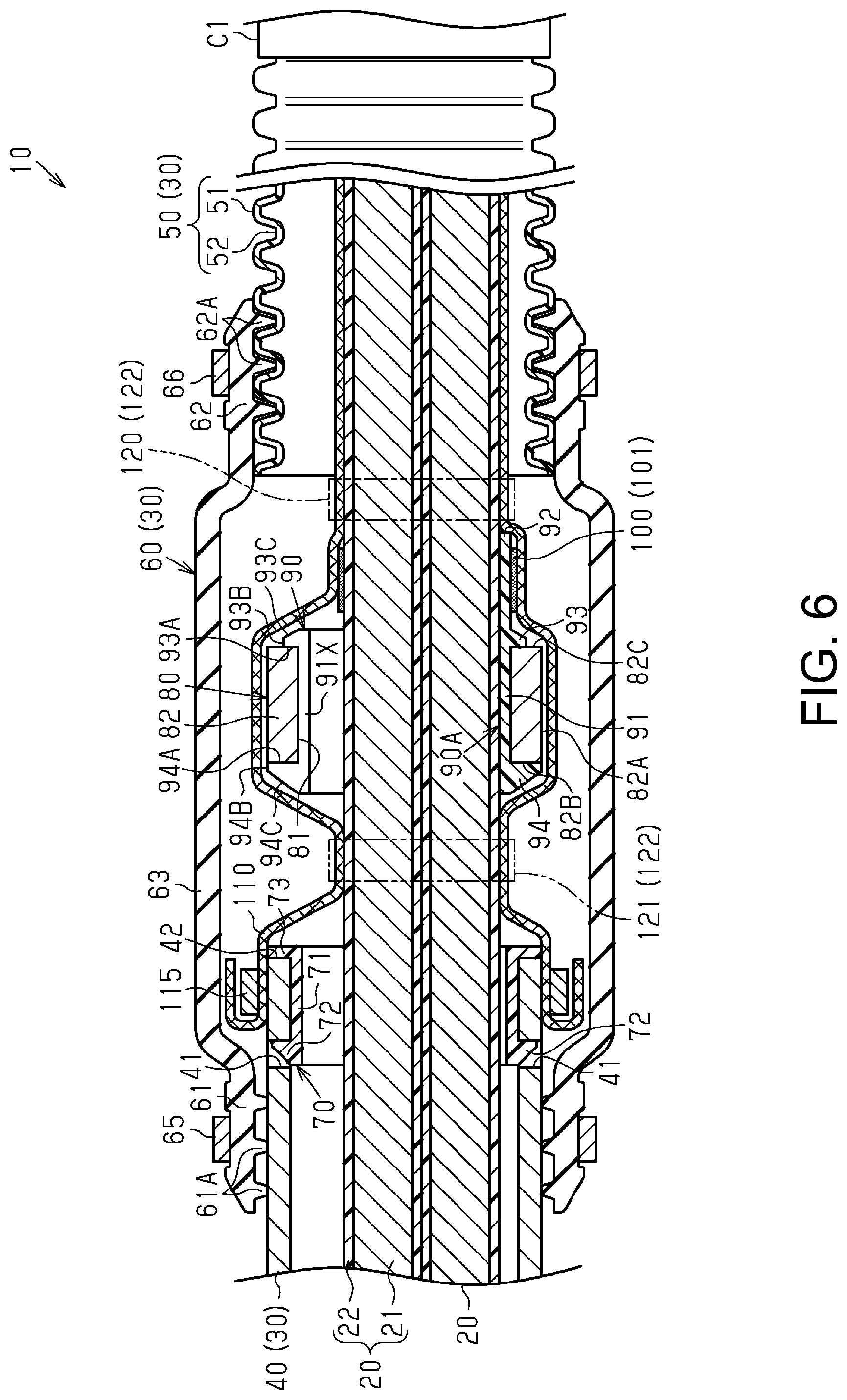 Patent US12316085 Figure 5 – Wire harness with fixing mechanism for electromagnetic wave absorbing member