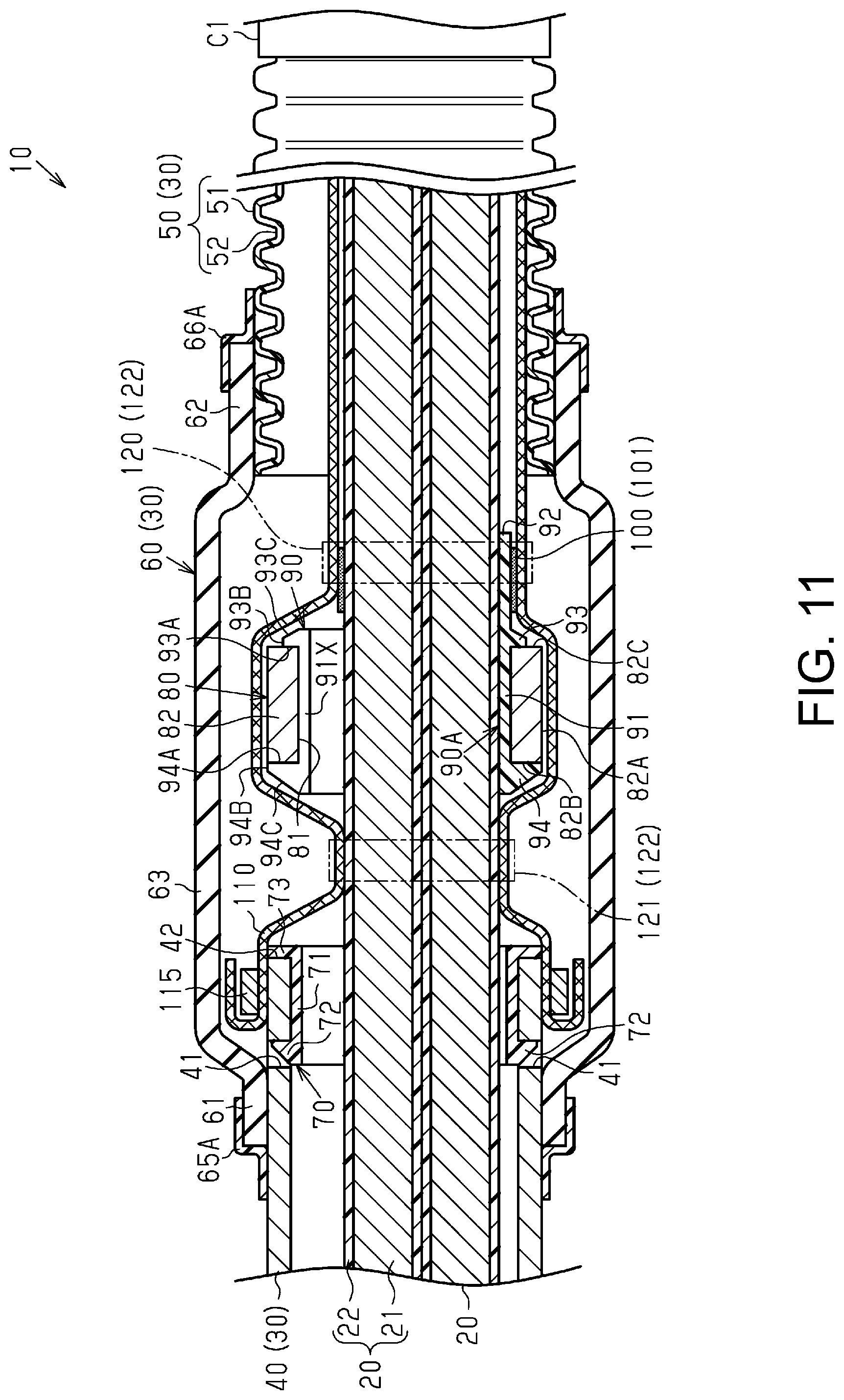 Patent US12316085 Figure 8 – Wire harness with fixing mechanism for electromagnetic wave absorbing member
