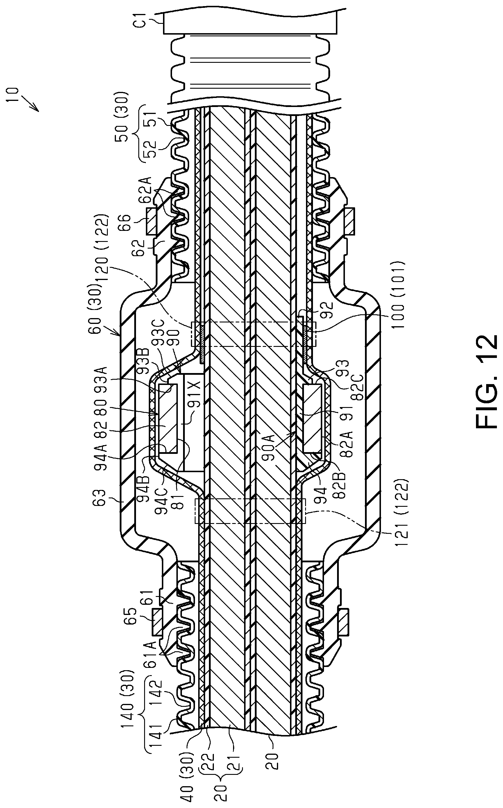 Patent US12316085 Figure 9 – Wire harness with fixing mechanism for electromagnetic wave absorbing member
