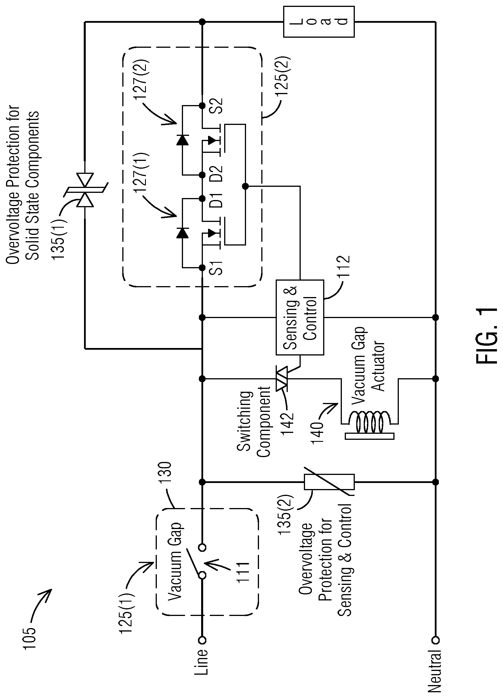 Patent US12316095 Figure 1 – Solid-state circuit breaker having a sealed vacuum gap section for providing an intrinsic safe operation