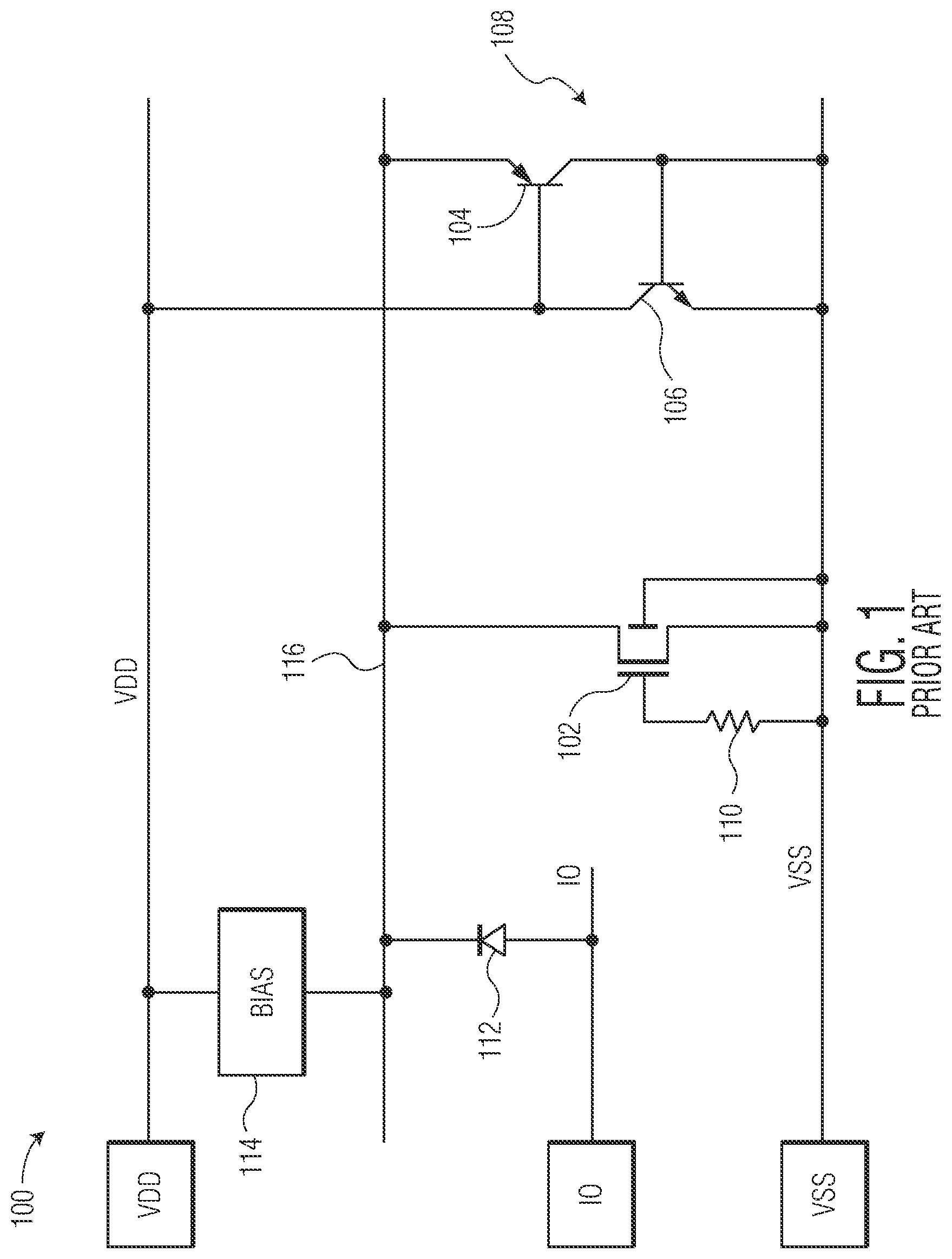 Patent US12316107 Figure 1 – Semiconductor device with fast turn-on ESD protection circuit and method therefor