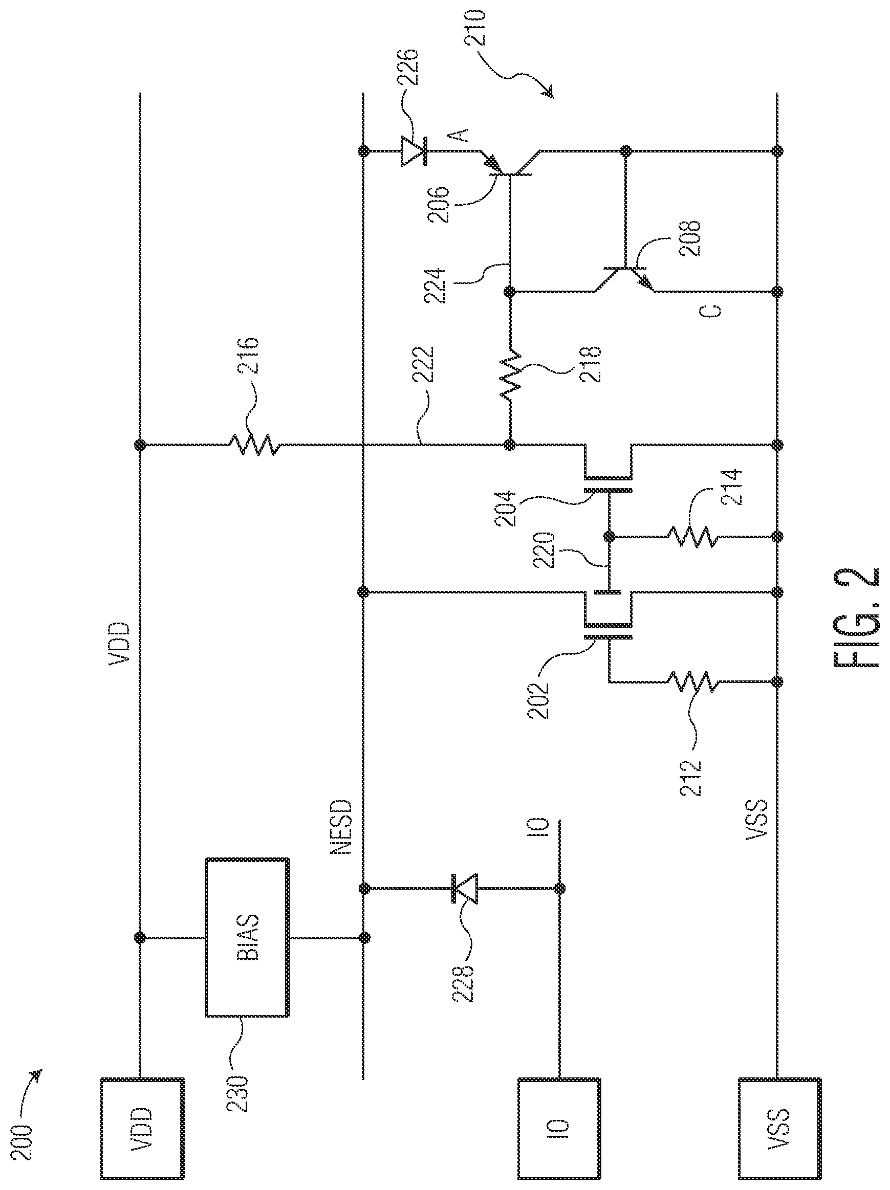Patent US12316107 Figure 2 – Semiconductor device with fast turn-on ESD protection circuit and method therefor