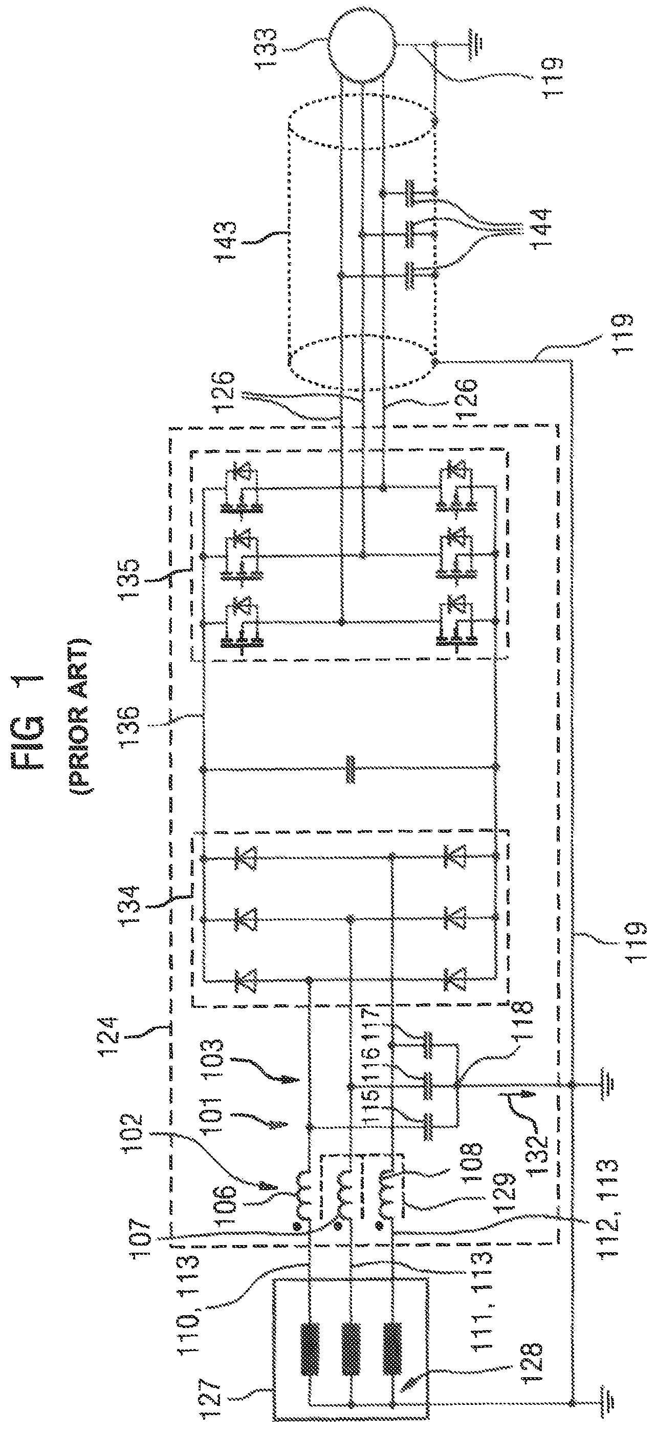 Patent US12316119 Figure 1 – Filter apparatus with reconfigurable choke unit changeover switch and capacitor unit for different AC voltage networks