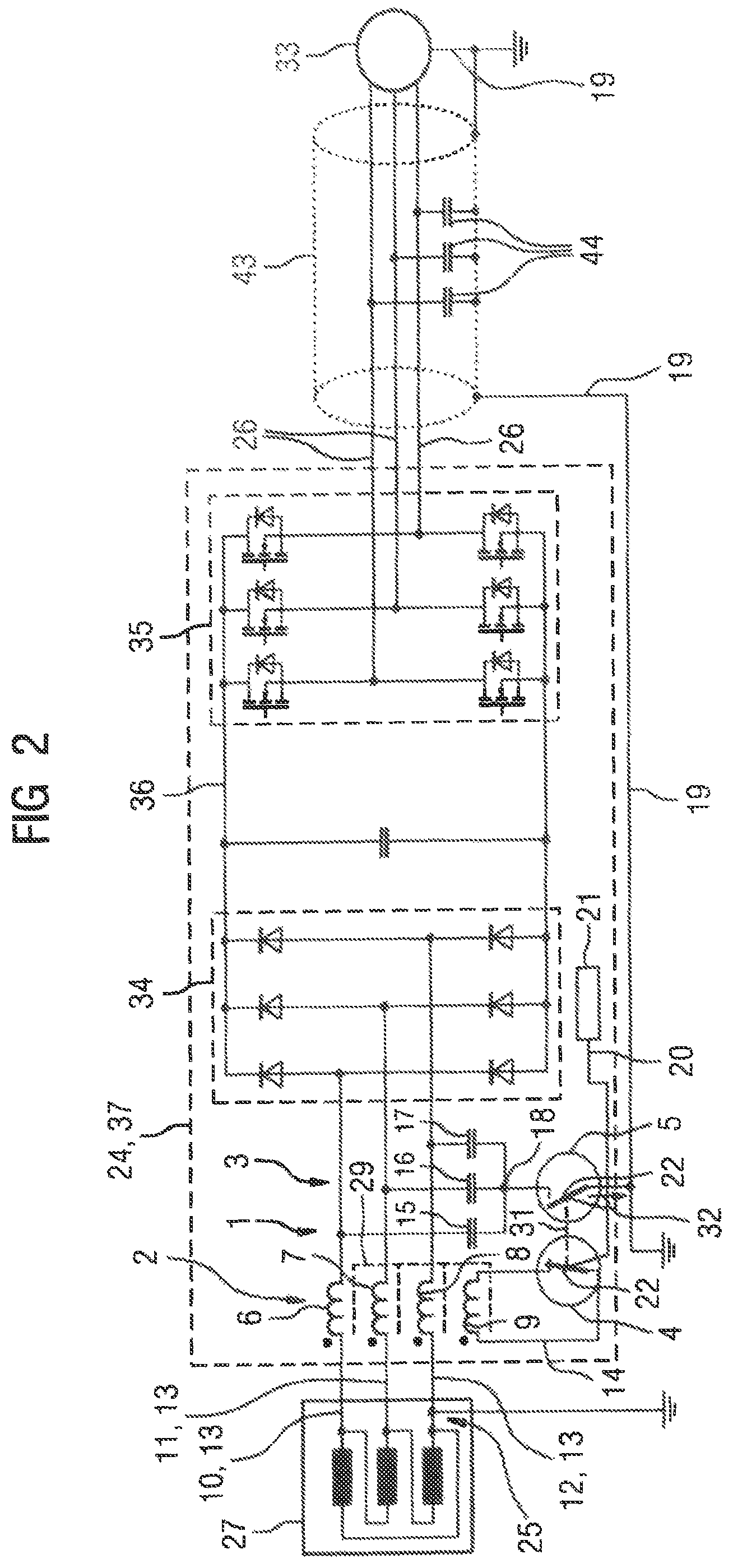 Patent US12316119 Figure 2 – Filter apparatus with reconfigurable choke unit changeover switch and capacitor unit for different AC voltage networks