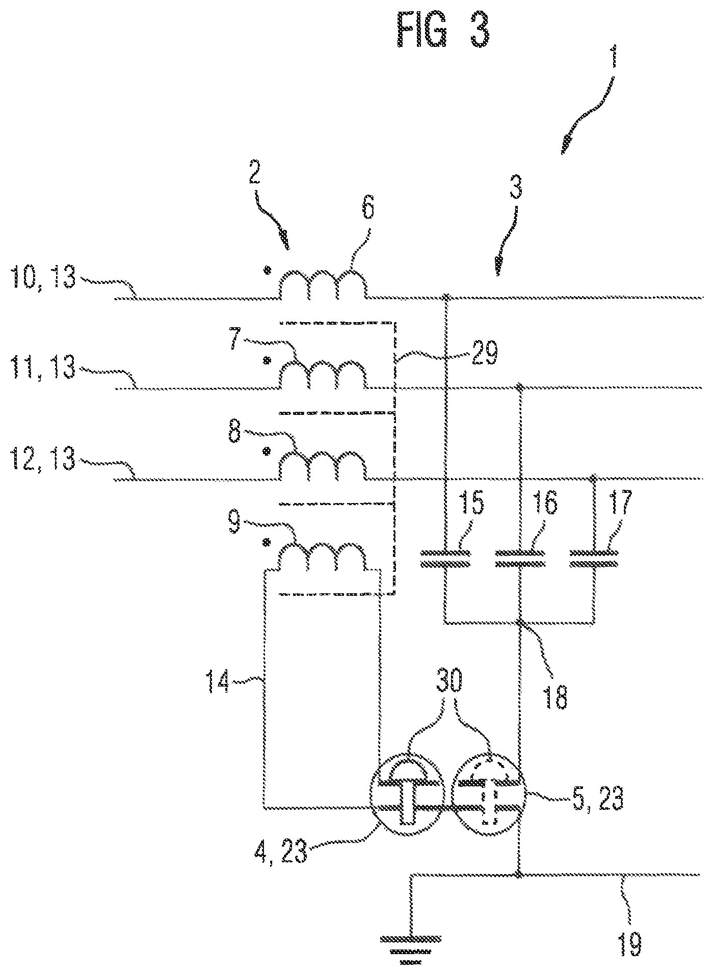 Patent US12316119 Figure 3 – Filter apparatus with reconfigurable choke unit changeover switch and capacitor unit for different AC voltage networks
