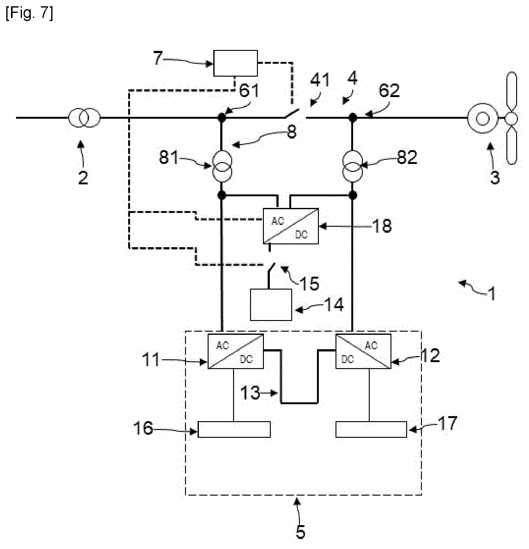 Patent US12316123 Figure 4 – Power transfer system between an AC network and a reversible hydraulic turbine