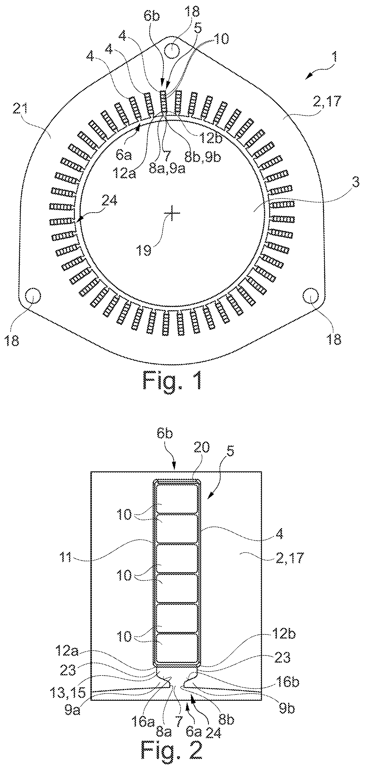 Patent US12316164 Figure 1 – Electric machine having shoulders between a plurality of conductors and tabs of a winding receptacle region of a stator or of a rotor