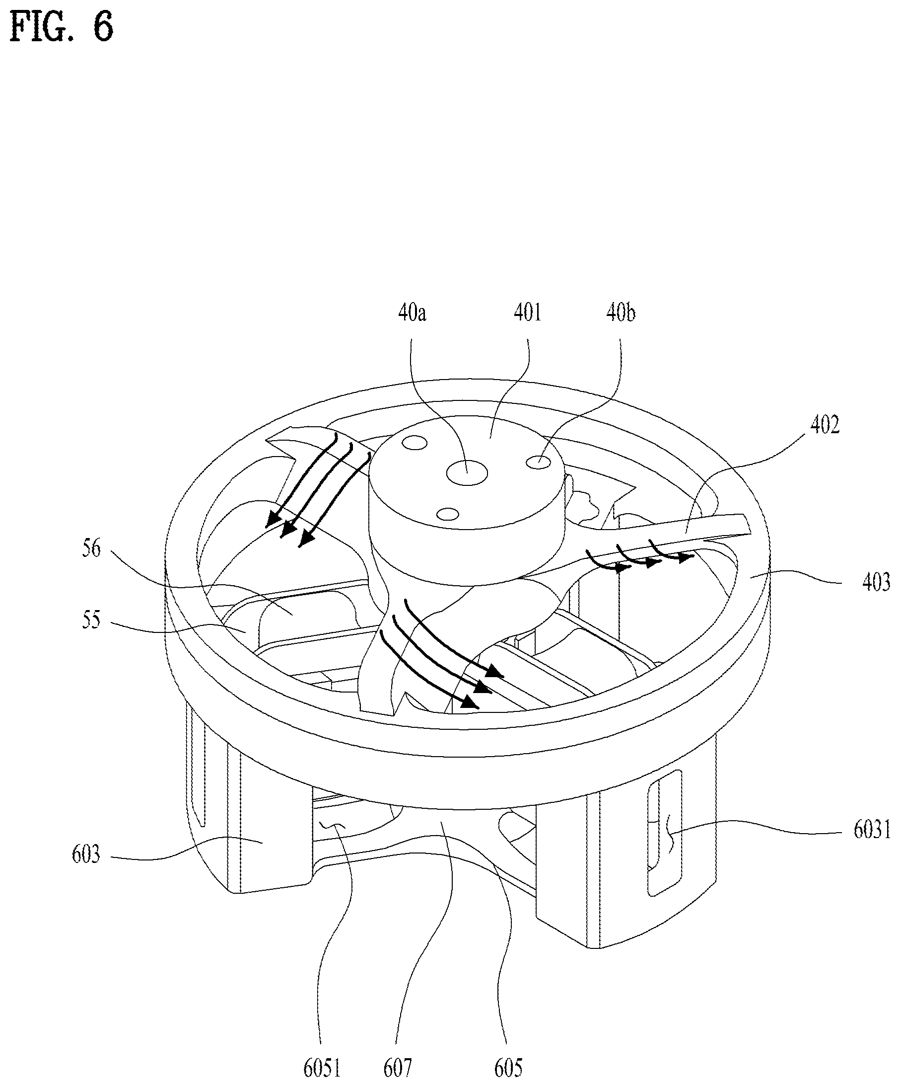 Patent US12316200 Figure 6 – Fan motor assembly with stator core supports