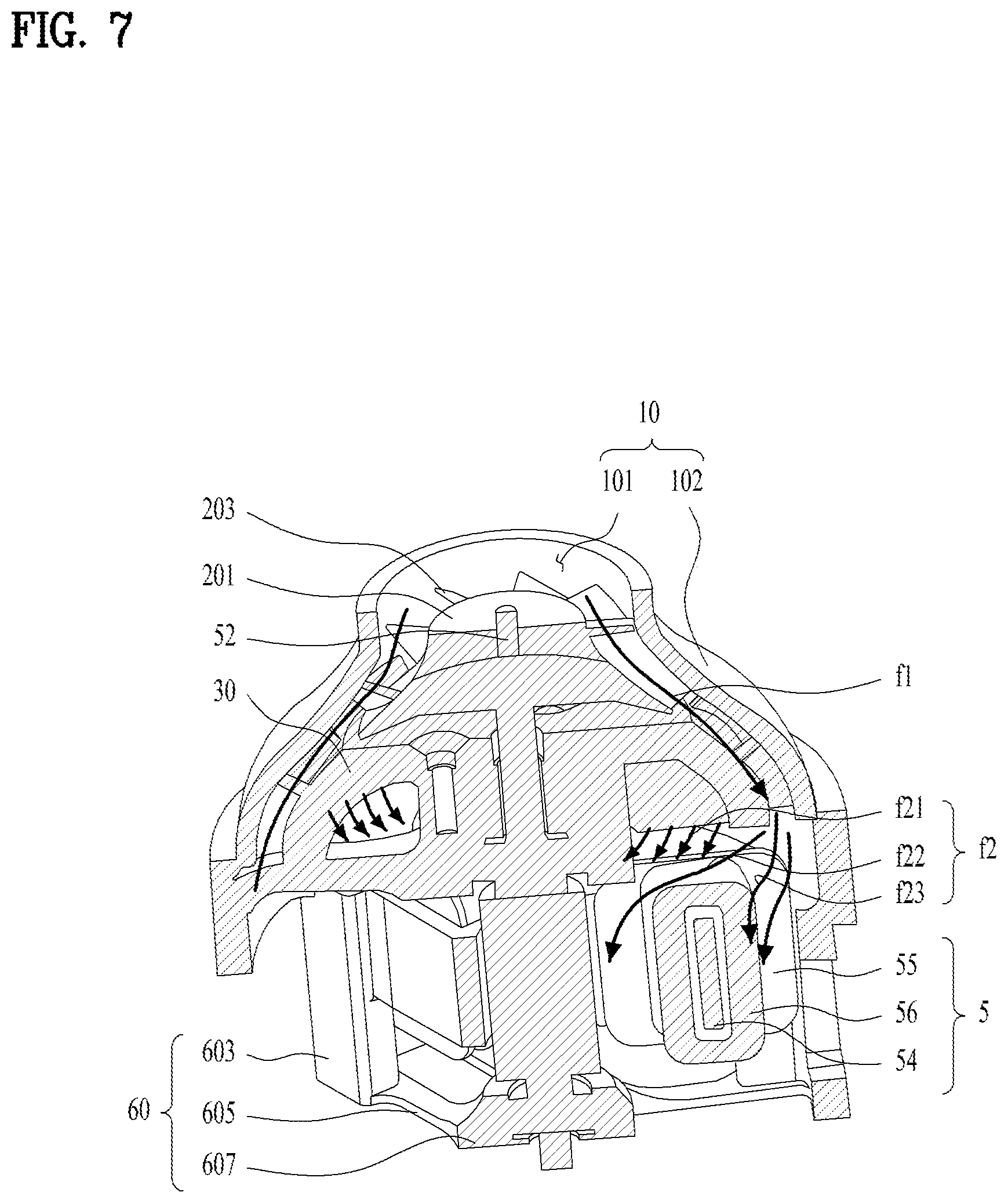 Patent US12316200 Figure 7 – Fan motor assembly with stator core supports